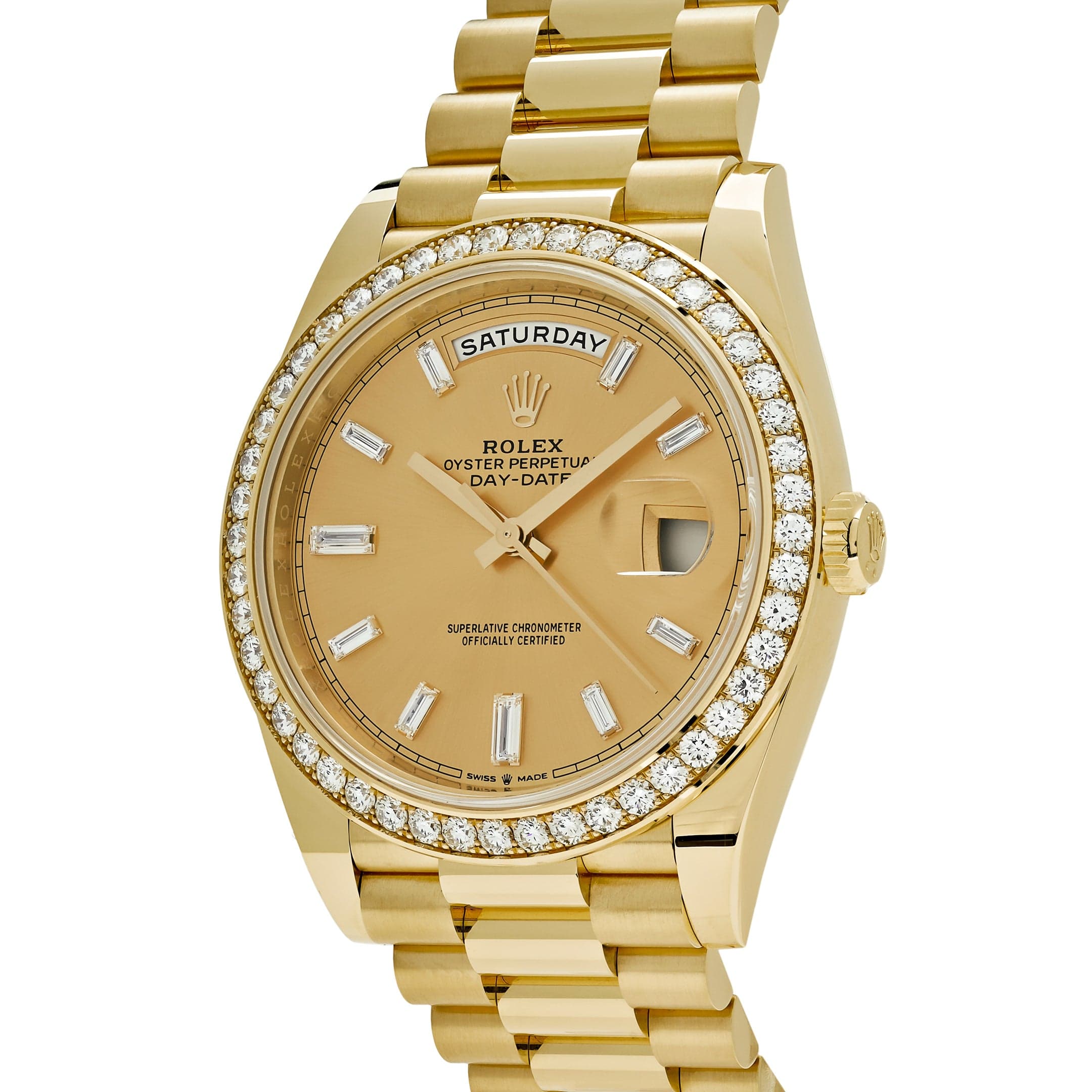 Rolex Day-Date 40 228348RBR Yellow Gold Diamond Bezel Champagne Diamond Dial - FrasersFashion
