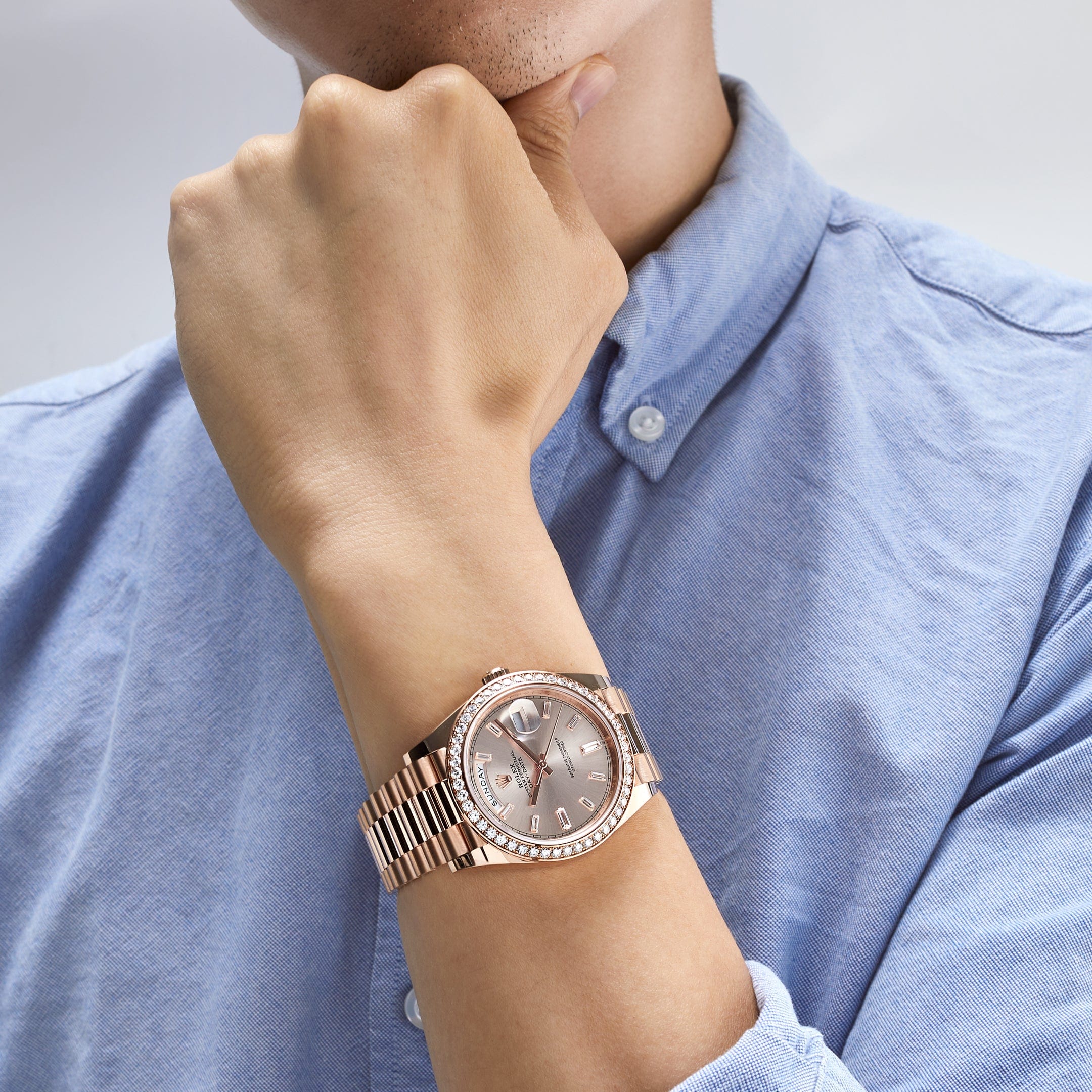 Rolex Day-Date 40 228345RBR Rose Gold Diamond Bezel Sundust Diamond Dial - FrasersFashion