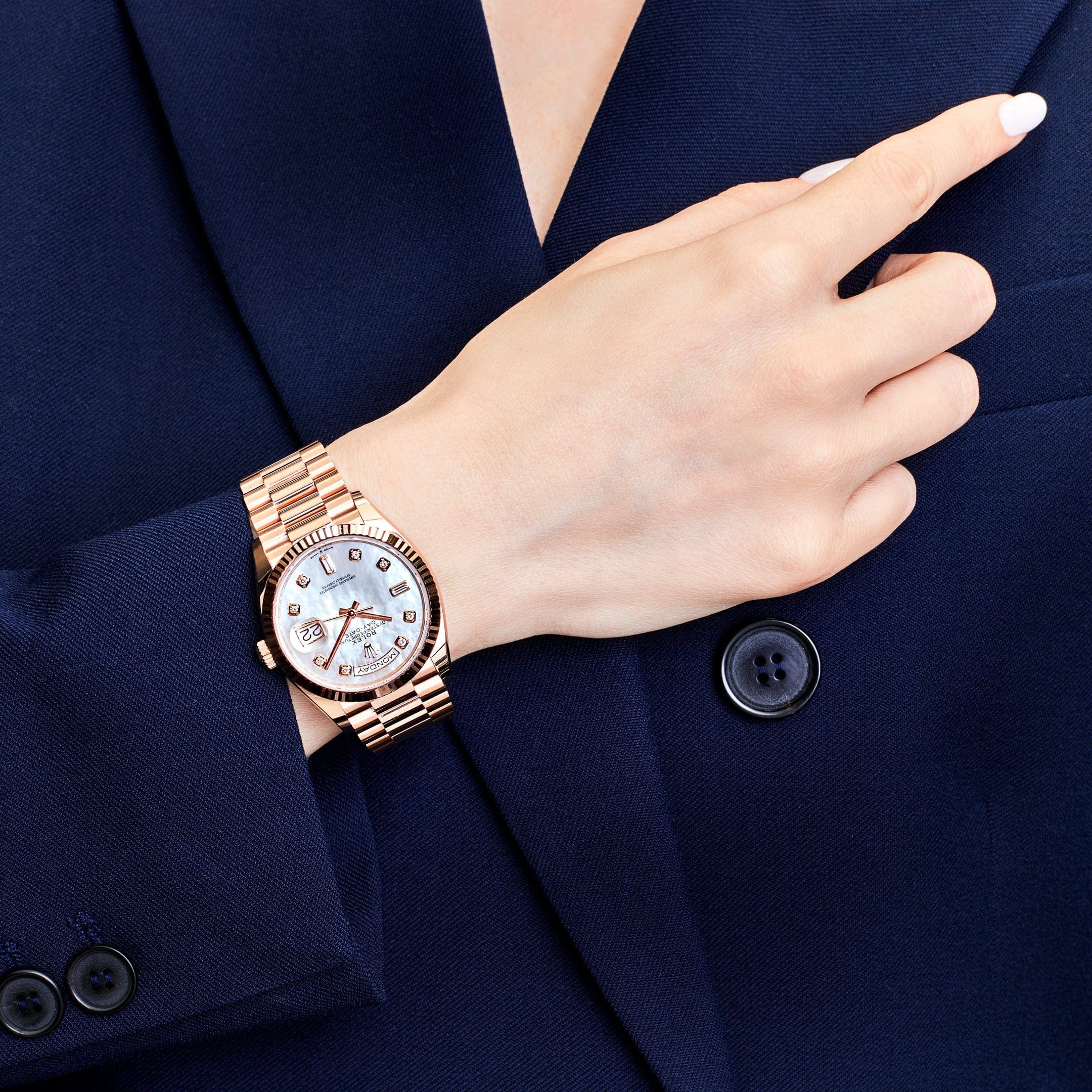 Rolex Day-Date 36 128235 Rose Gold Mother of Pearl Diamond Dial - FrasersFashion