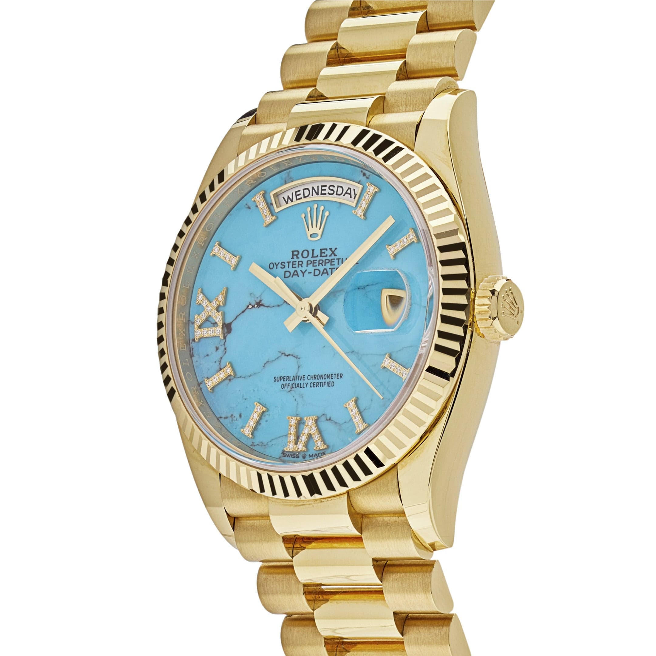 Rolex Day-Date 36 128238 Yellow Gold Turquoise Diamond Dial - FrasersFashion