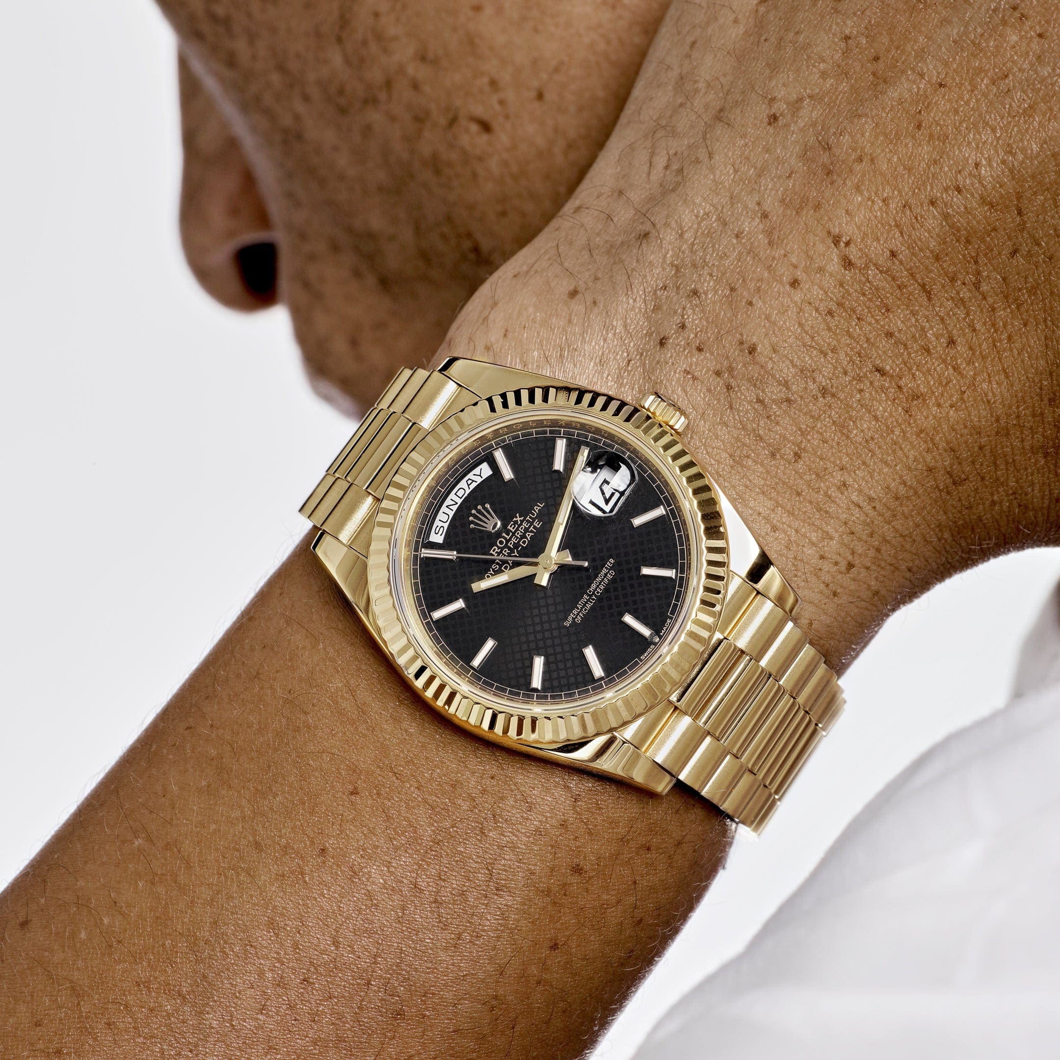 Rolex Day-Date 40 228238 Yellow Gold Black Diagonal Motif Dial - FrasersFashion
