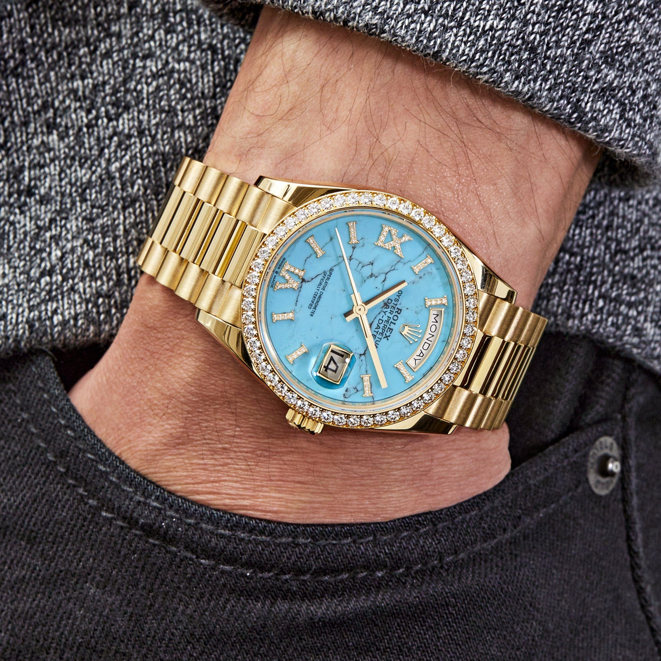 Rolex Day-Date 36 128348RBR Yellow Gold Diamond Bezel Turquoise Diamond Dial - FrasersFashion
