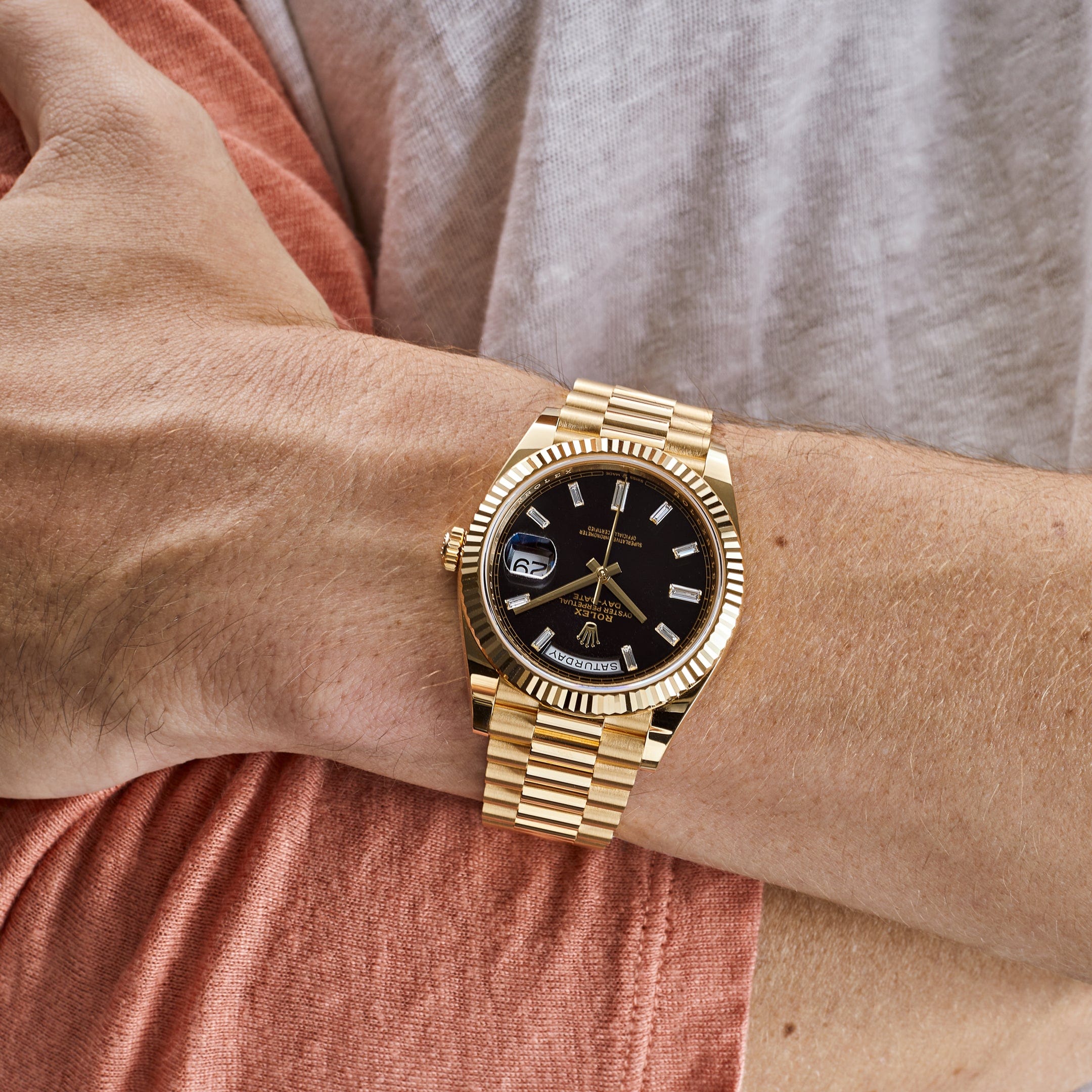 Rolex Day-Date 40 228238 Yellow Gold Black Baguette Diamond Dial (2022) - FrasersFashion