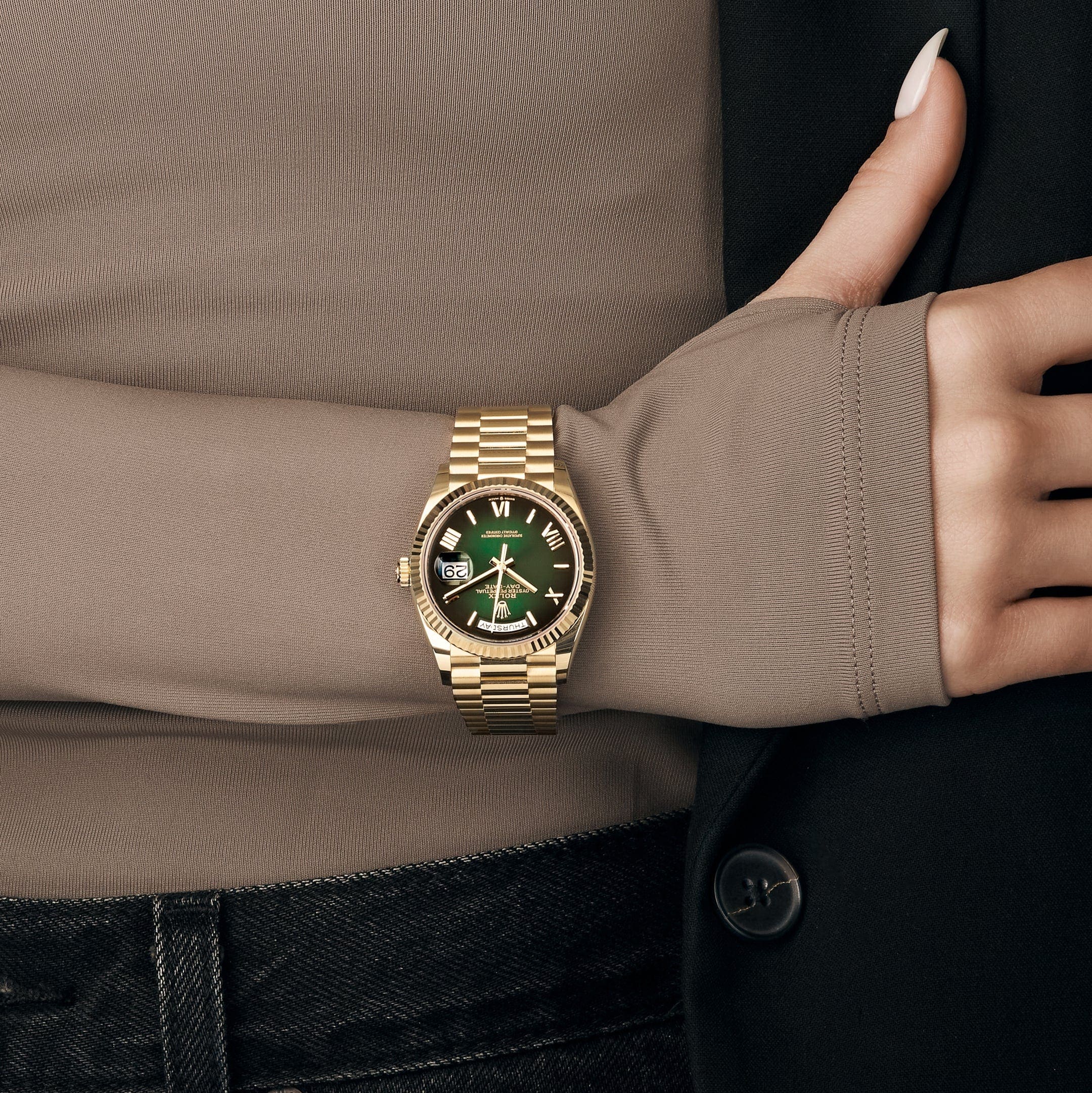 Rolex Day-Date 36 128238 Yellow Gold Green Ombre Roman Numeral Dial (2024) - FrasersFashion