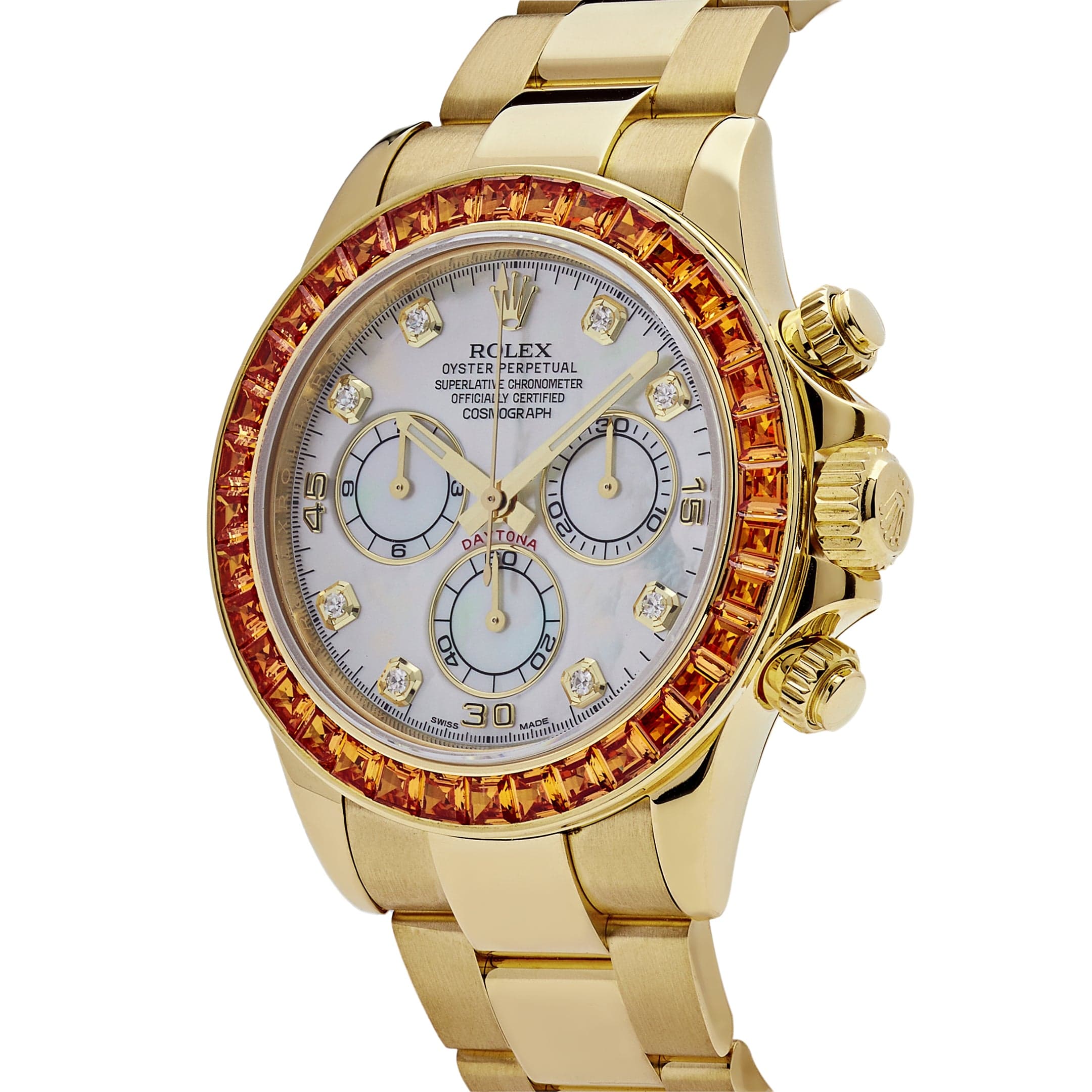 Rolex Daytona 116578SACO Yellow Gold Sapphire Bezel Mother Of Pearl Dial - FrasersFashion