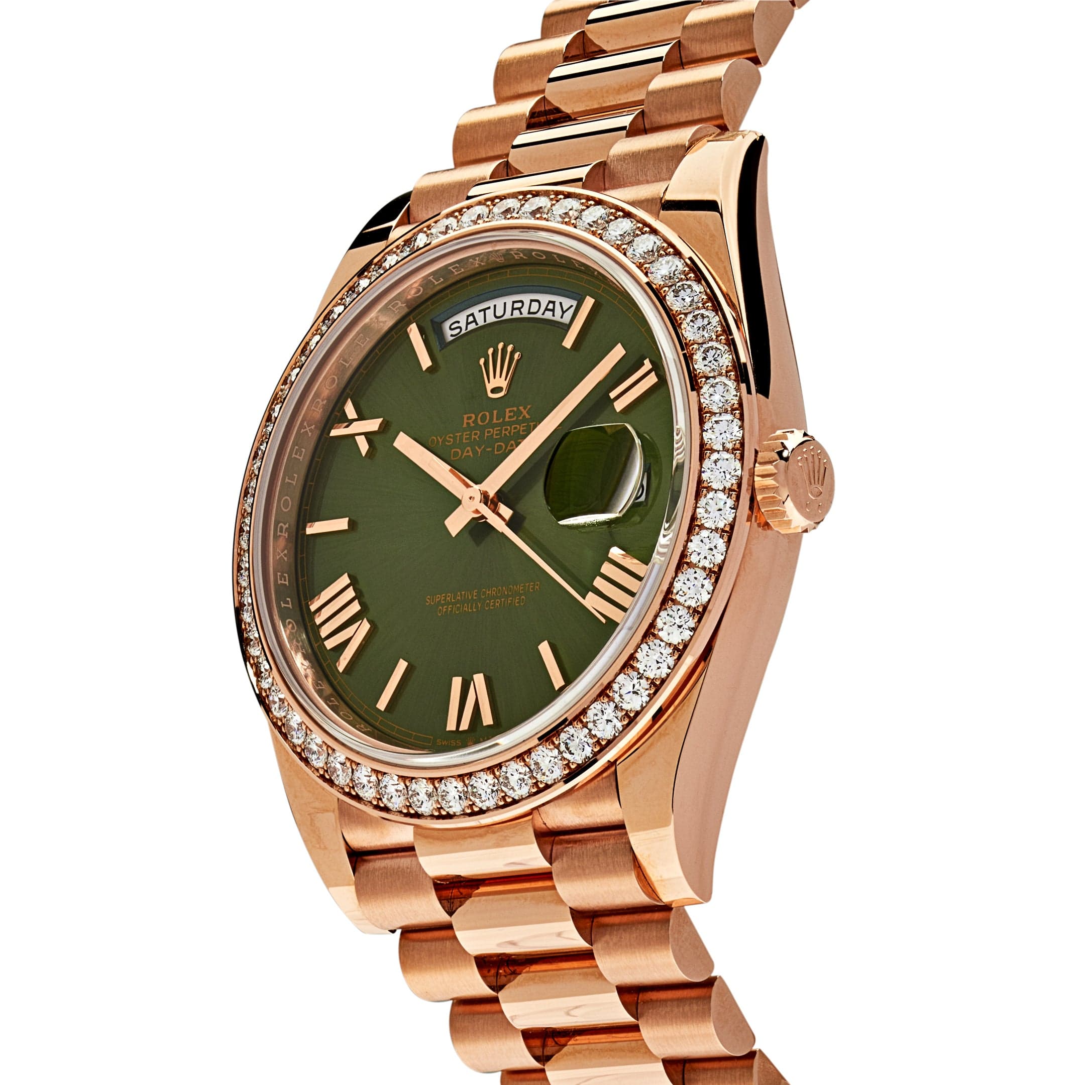 Rolex Day-Date 40 228345RBR Rose Gold Olive Green Dial Diamond Bezel - FrasersFashion