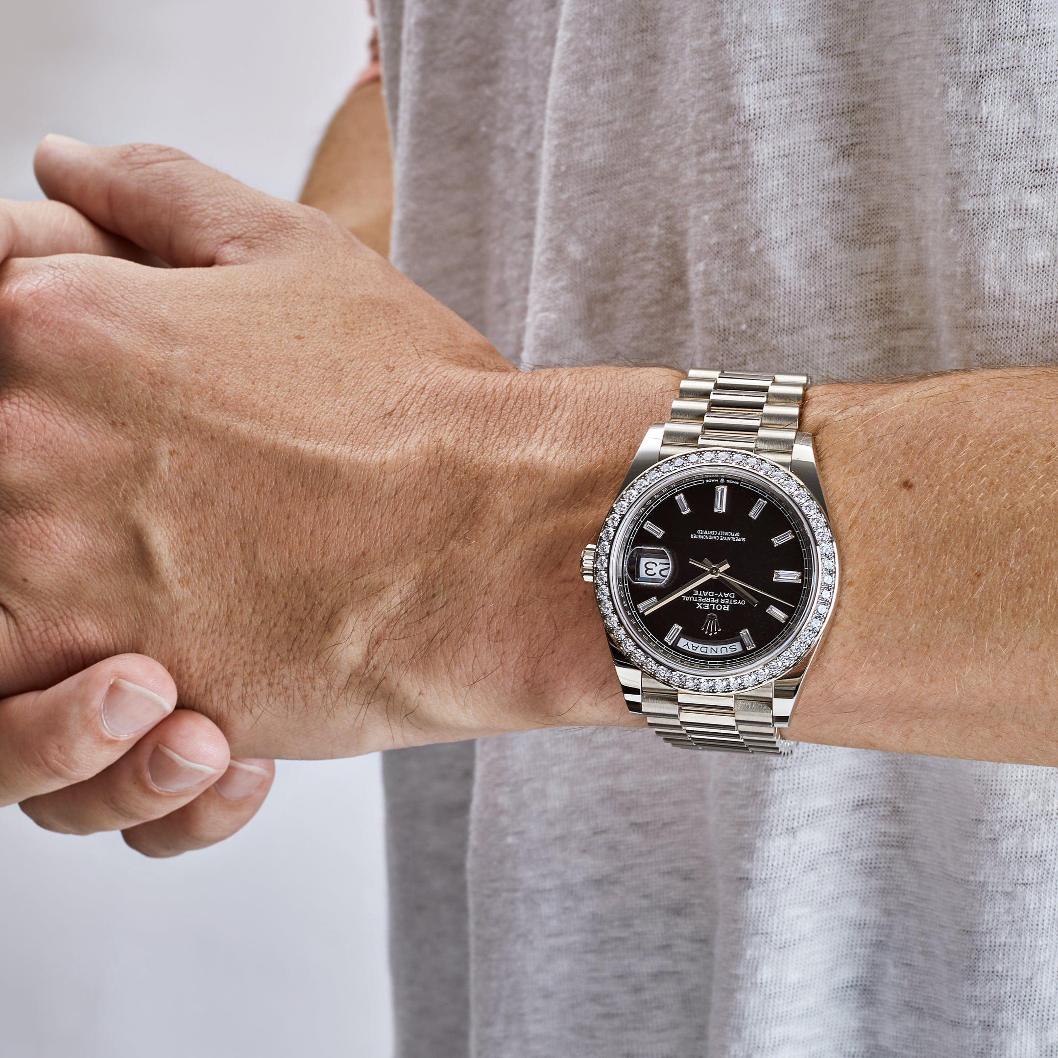Rolex Day-Date 40 228349RBR White Gold Diamond Bezel Black Dial (2024) - FrasersFashion