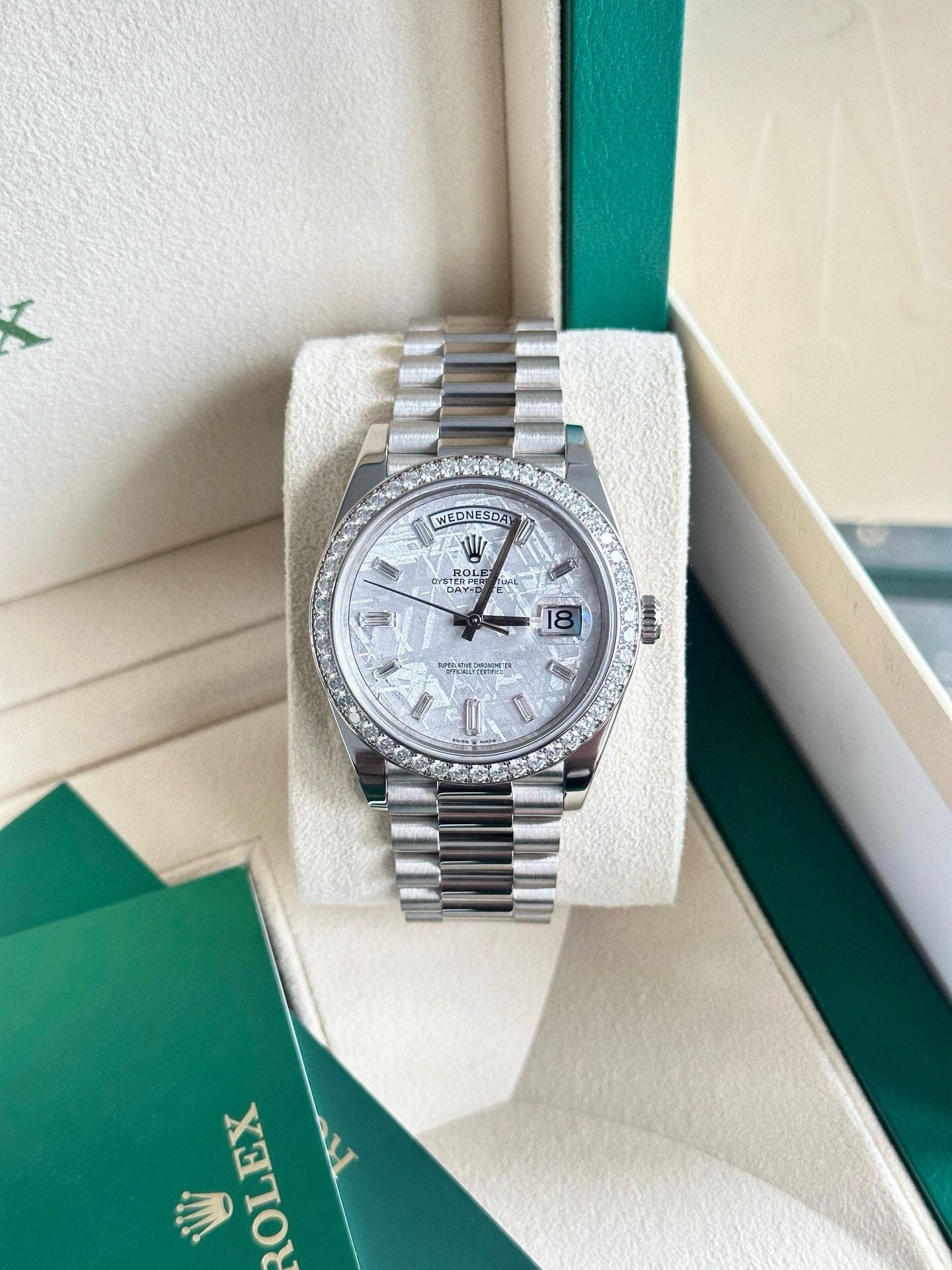 Rolex Day-Date 36 128349RBR White Gold Diamond Bezel Mother of Pearl Diamond Dial - FrasersFashion