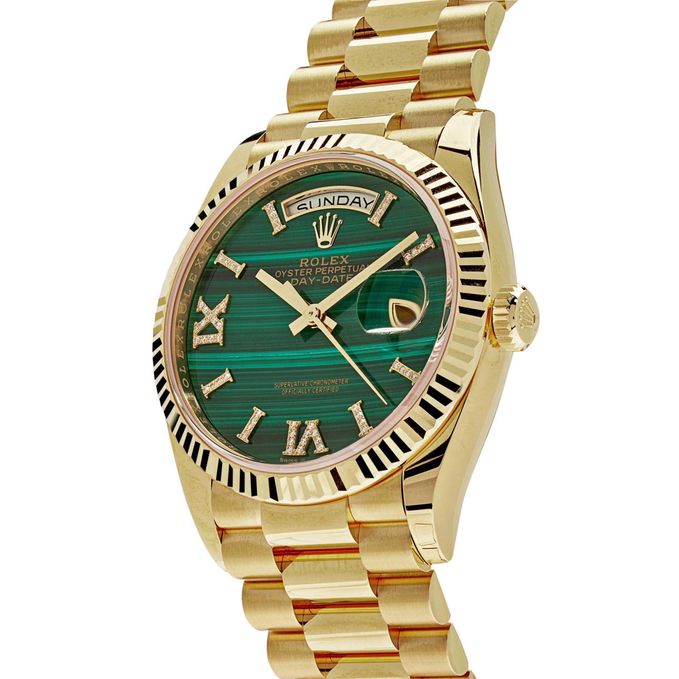 Rolex Day-Date 36 128238 Yellow Gold Green Malachite Roman Diamond Dial - FrasersFashion
