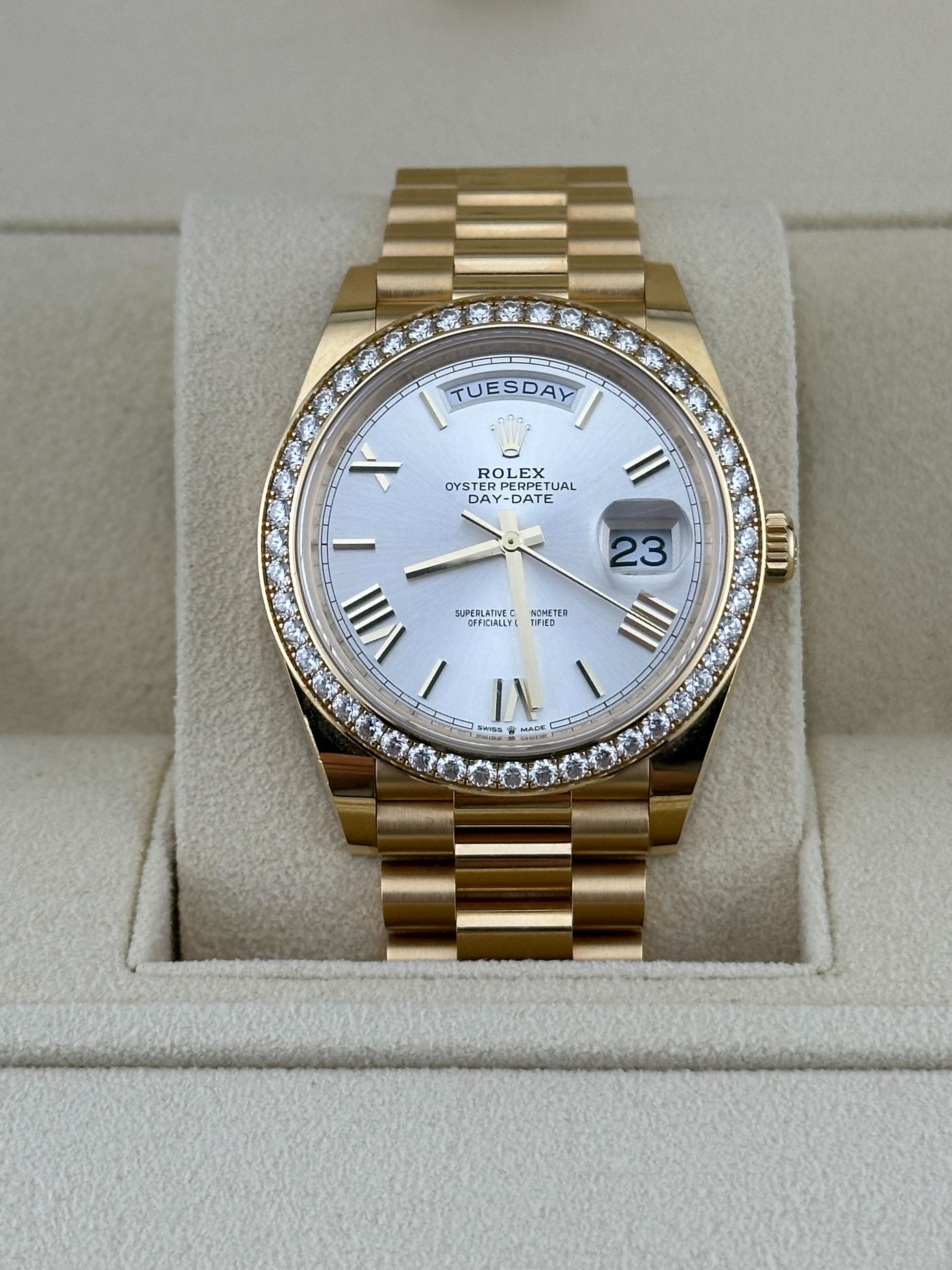 Rolex Day-Date 40 228348RBR Yellow Gold Diamond Bezel Silver Dial (2021) - FrasersFashion