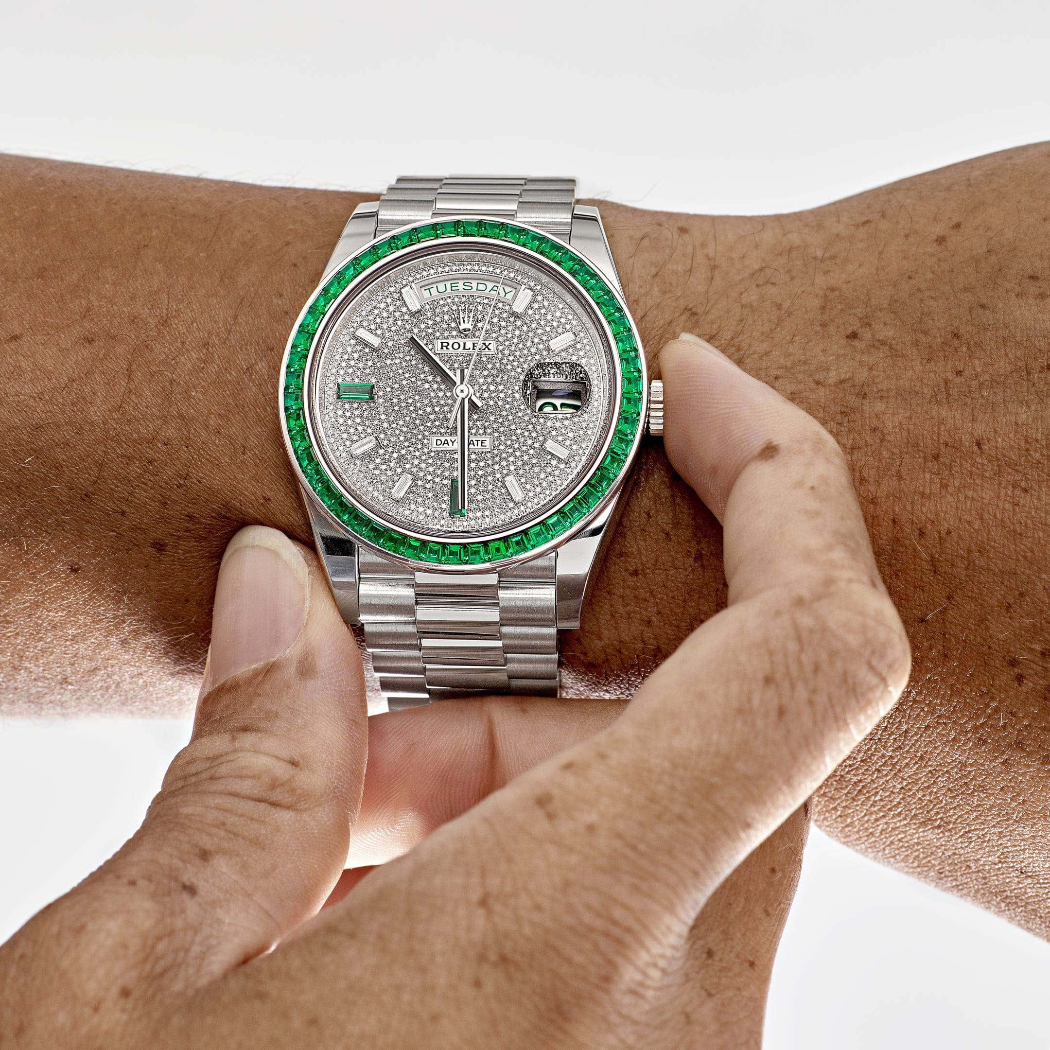 Rolex Day-Date 40 228396TEM Platinum Diamond Dial Emerald Bezel - FrasersFashion