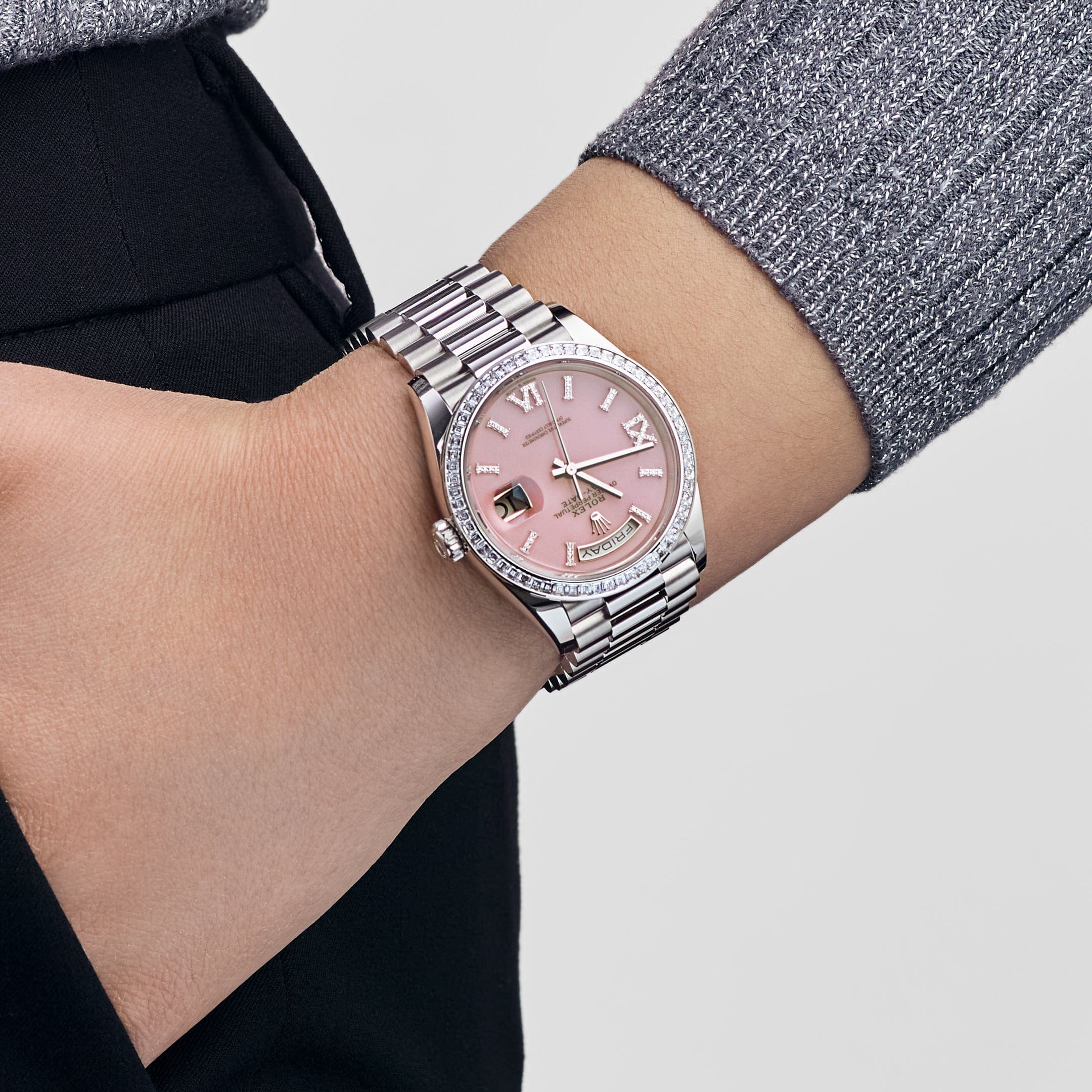 Rolex Day-Date 36 128396TBR Platinum Pink Opal Diamond Dial and Bezel - FrasersFashion