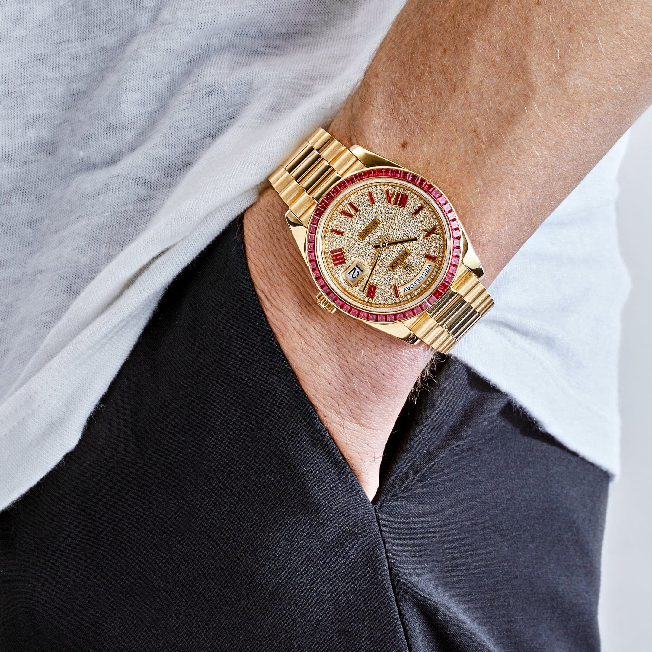 Rolex Day-Date 40 228398TRU Yellow Gold Roman Dial Ruby Bezel - FrasersFashion