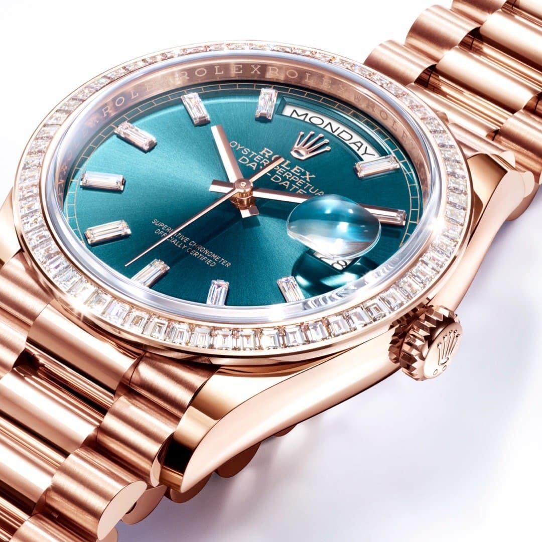 Rolex Day-Date 36 128345RBR Rose Gold Diamond Bezel Blue-Green Baguette Marker Dial - FrasersFashion