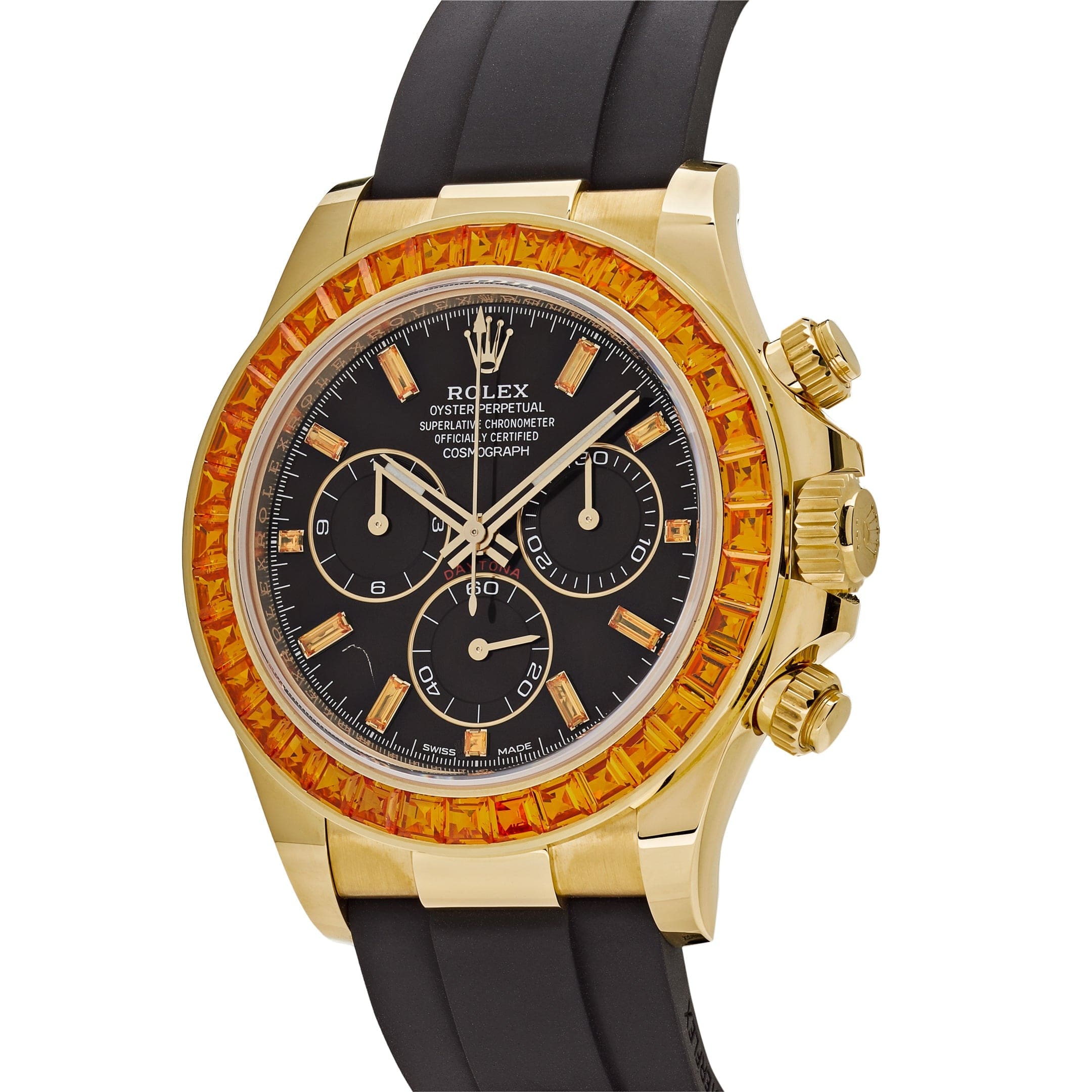 Rolex Daytona 116588SACO Yellow Gold Orange Sapphire Bezel Black Diamond Dial - FrasersFashion