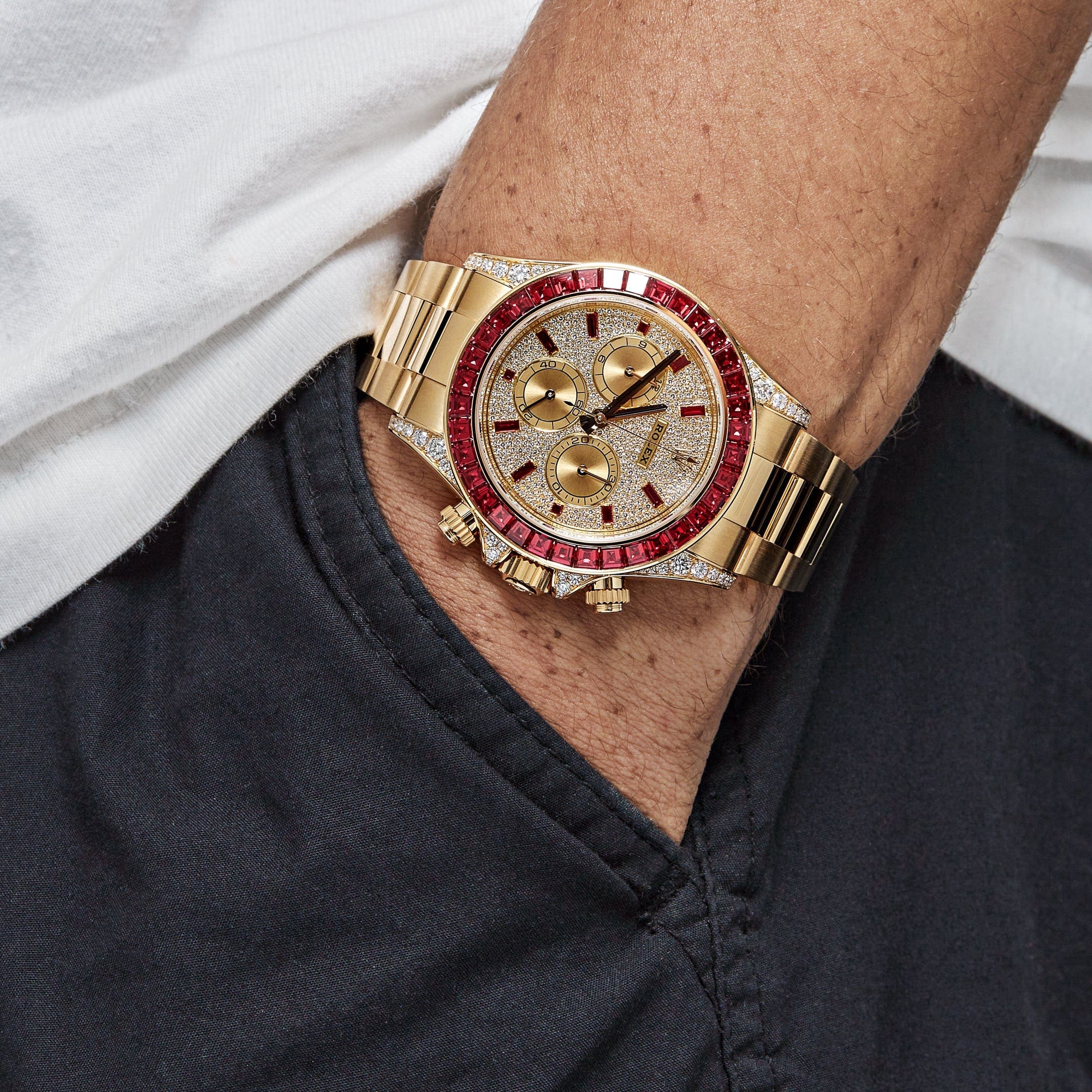 Rolex Daytona 126598TRU Yellow Gold Ruby Bezel Diamond Pave Dial - FrasersFashion