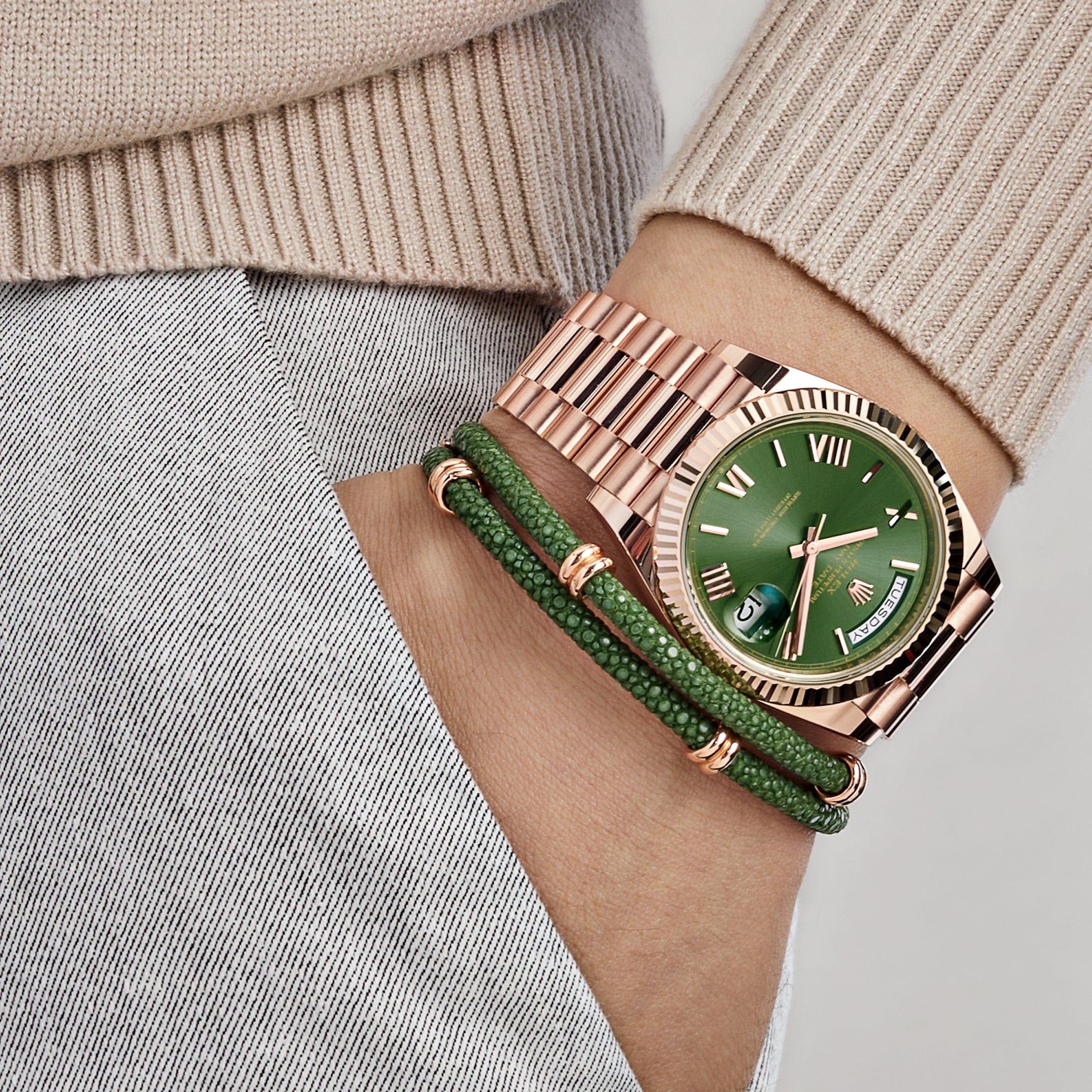 Rolex Day-Date 40 228235 Rose Gold Olive Green Dial (2023) - FrasersFashion
