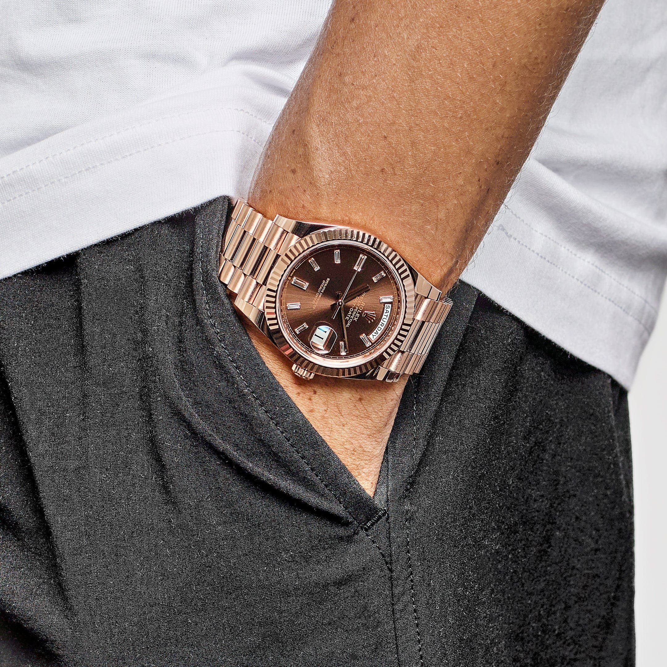 Rolex Day-Date 40 228235 Rose Gold Chocolate Baguette Diamond Dial (2024) - FrasersFashion