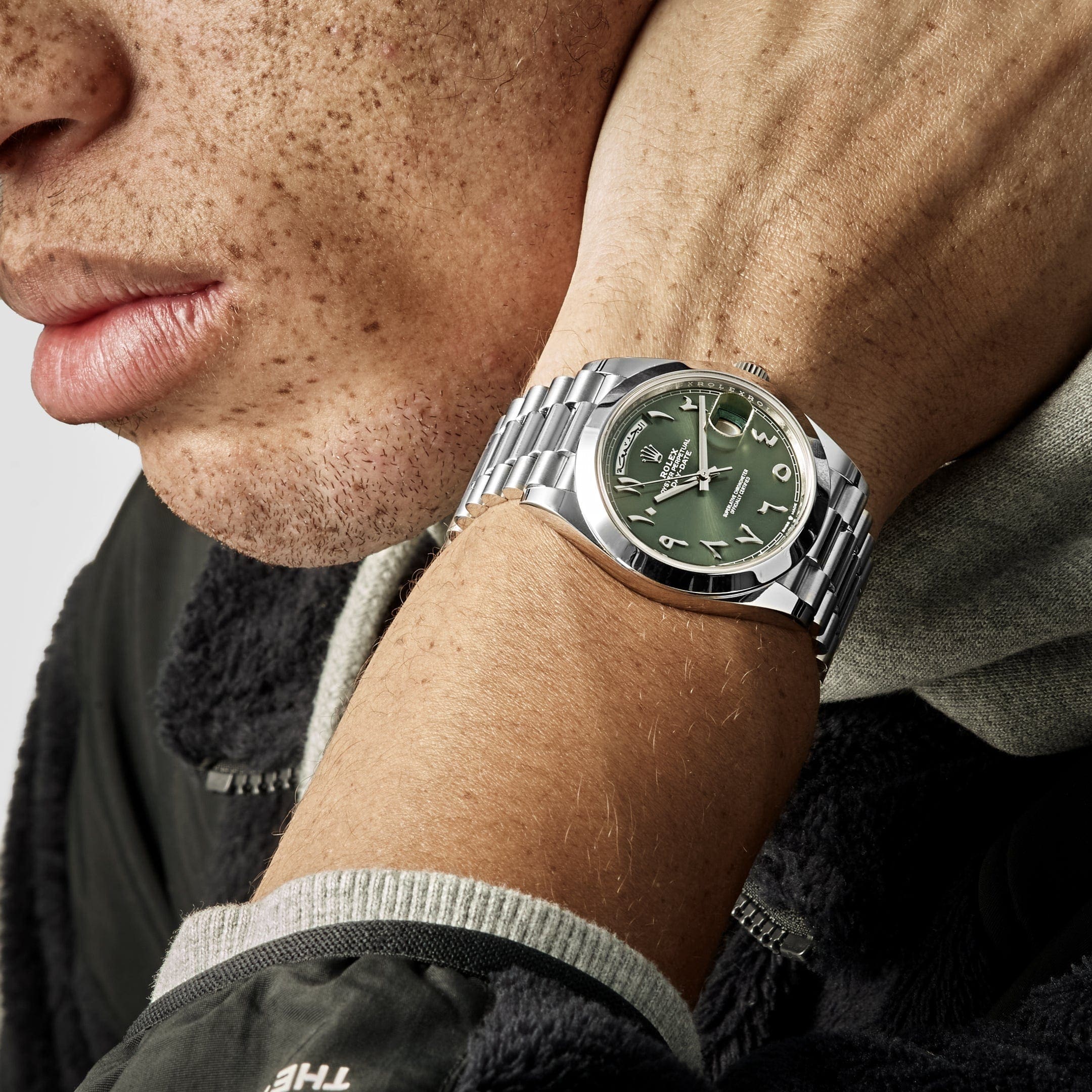 Rolex Day-Date 40 228206 Platinum Olive Green Arabic Dial - FrasersFashion