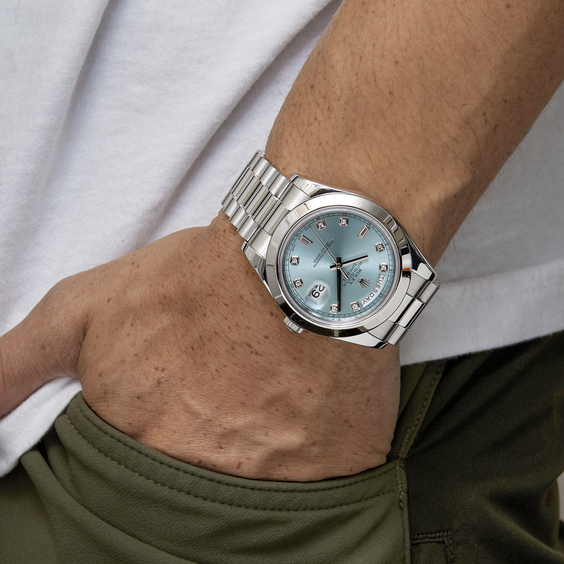 Rolex Day-Date II 218206 Platinum Blue Diamond Dial (2011) - FrasersFashion