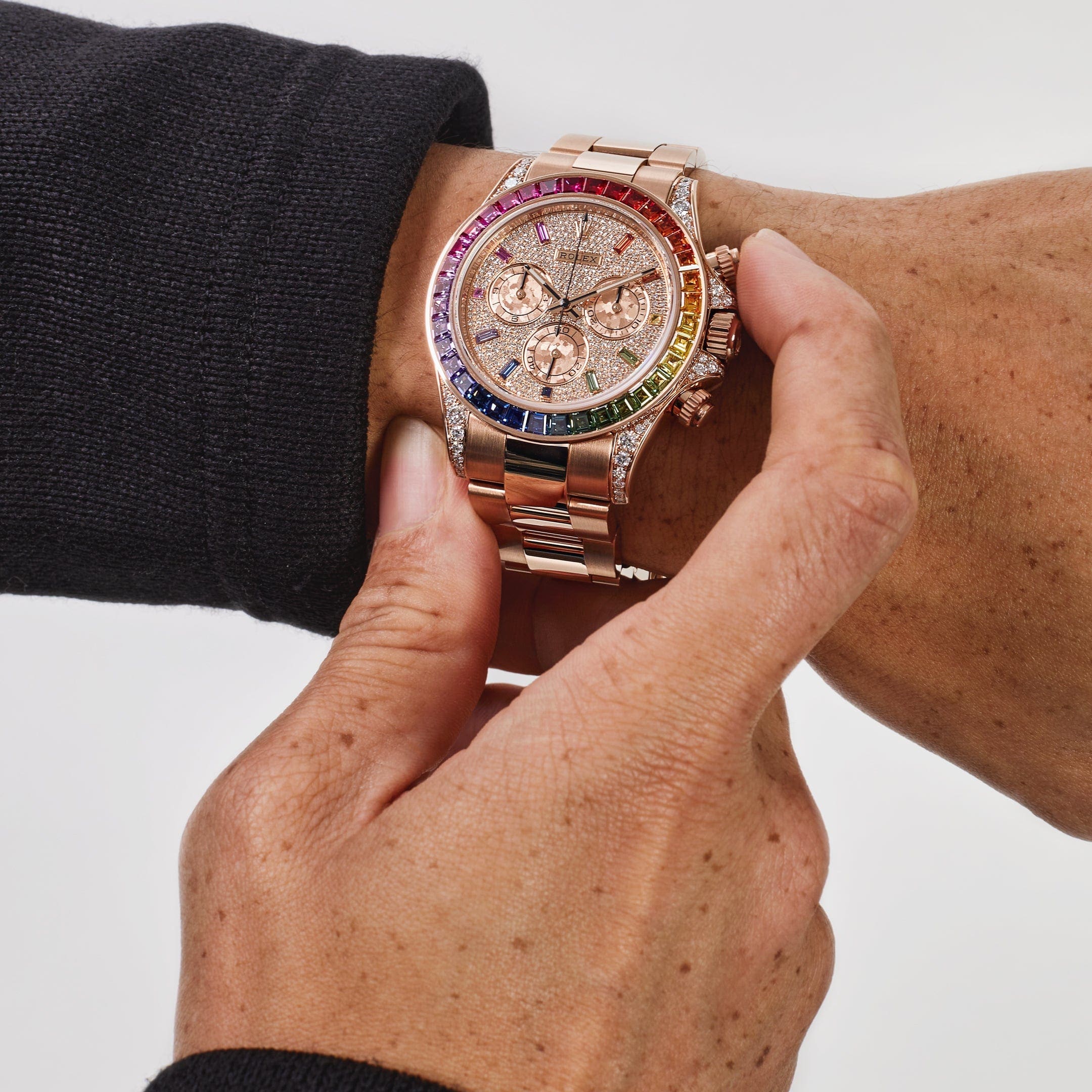 Rolex Daytona 116595RBOW ??Rainbow?? Rose Gold Pave Diamond Dial Sapphire Bezel (2022) - FrasersFashion