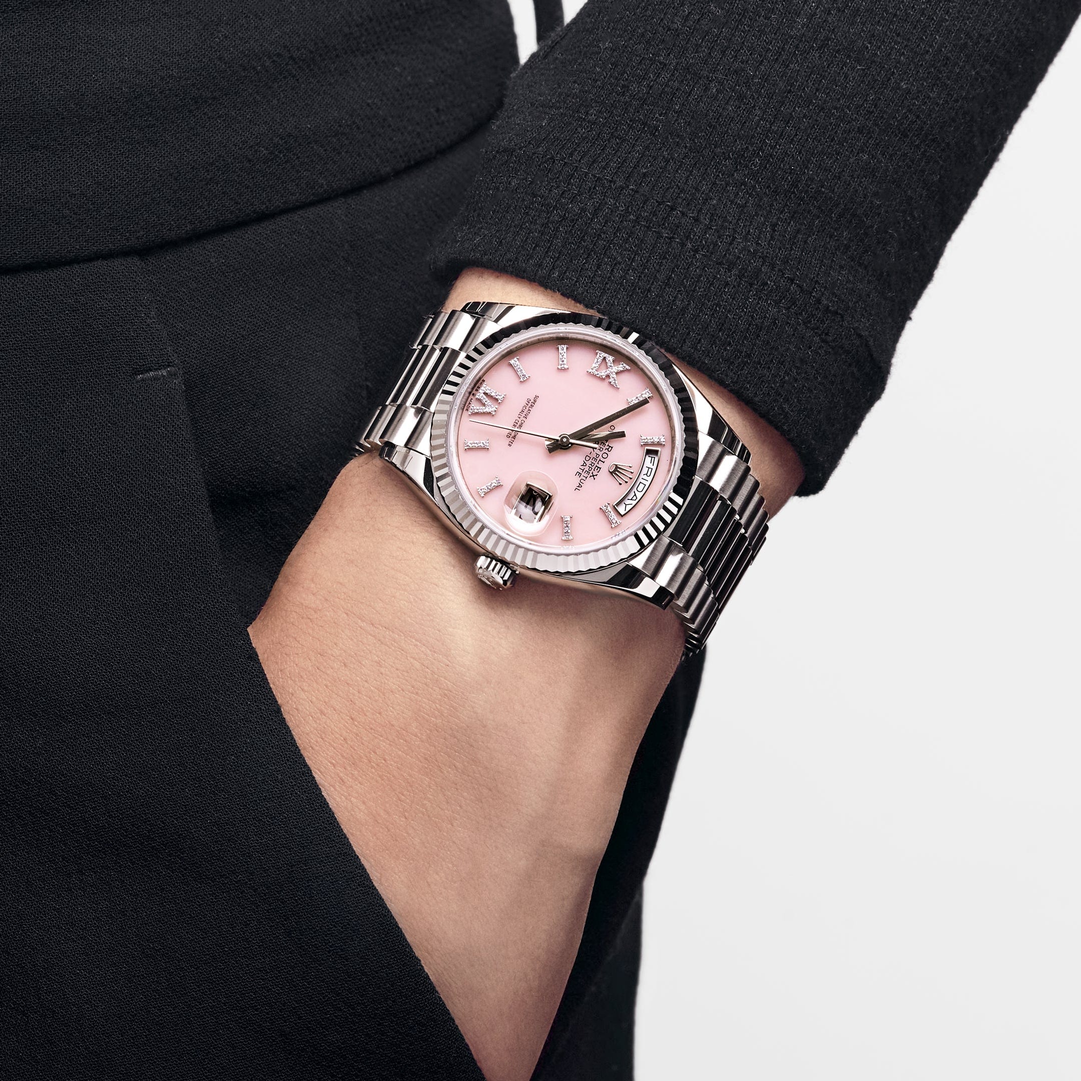 Rolex Day-Date 36 128239 White Gold Pink Opal Diamond Roman Numerals Dial - FrasersFashion
