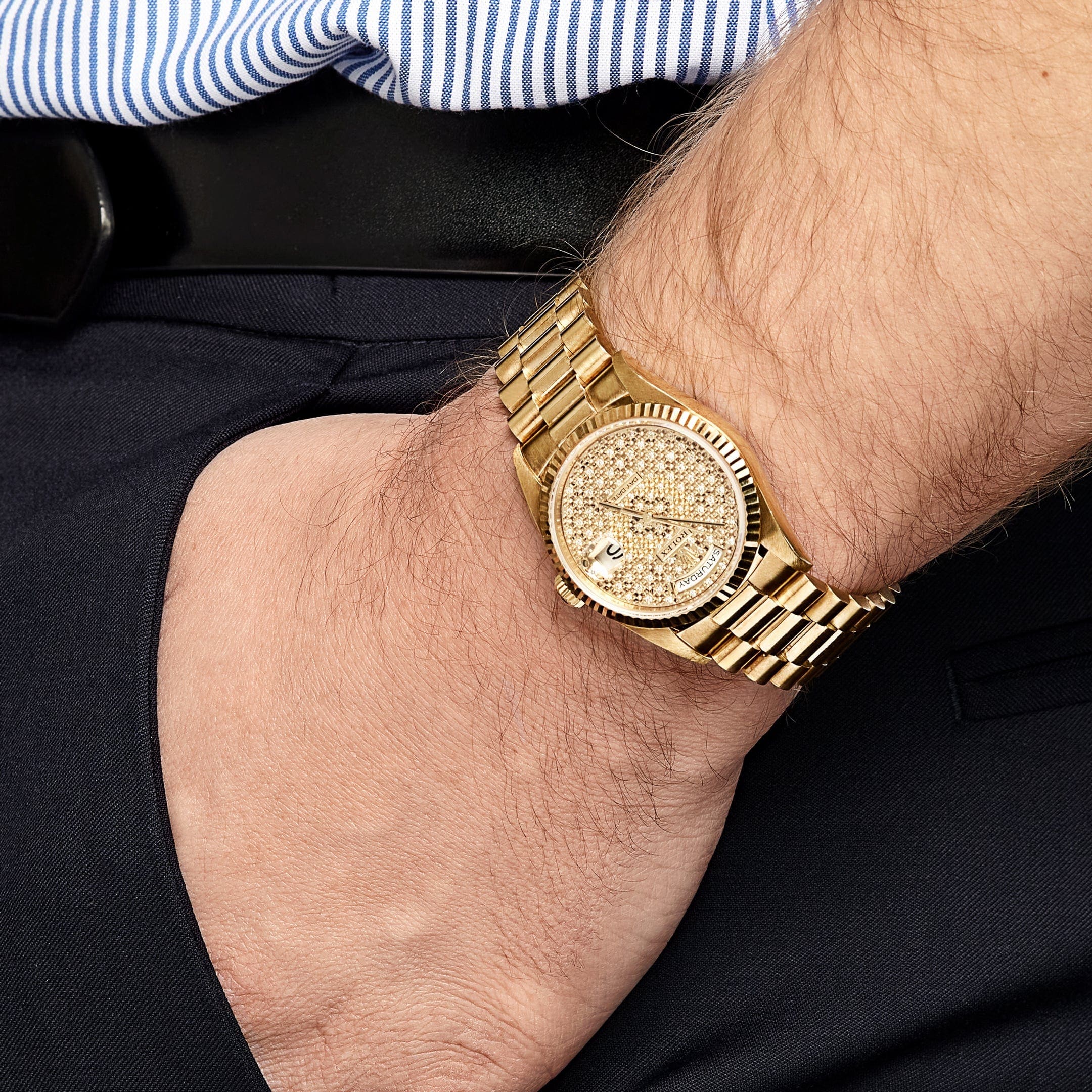 Rolex Day-Date 18238 Yellow Gold Skeleton Pav?? Diamond Dial - FrasersFashion