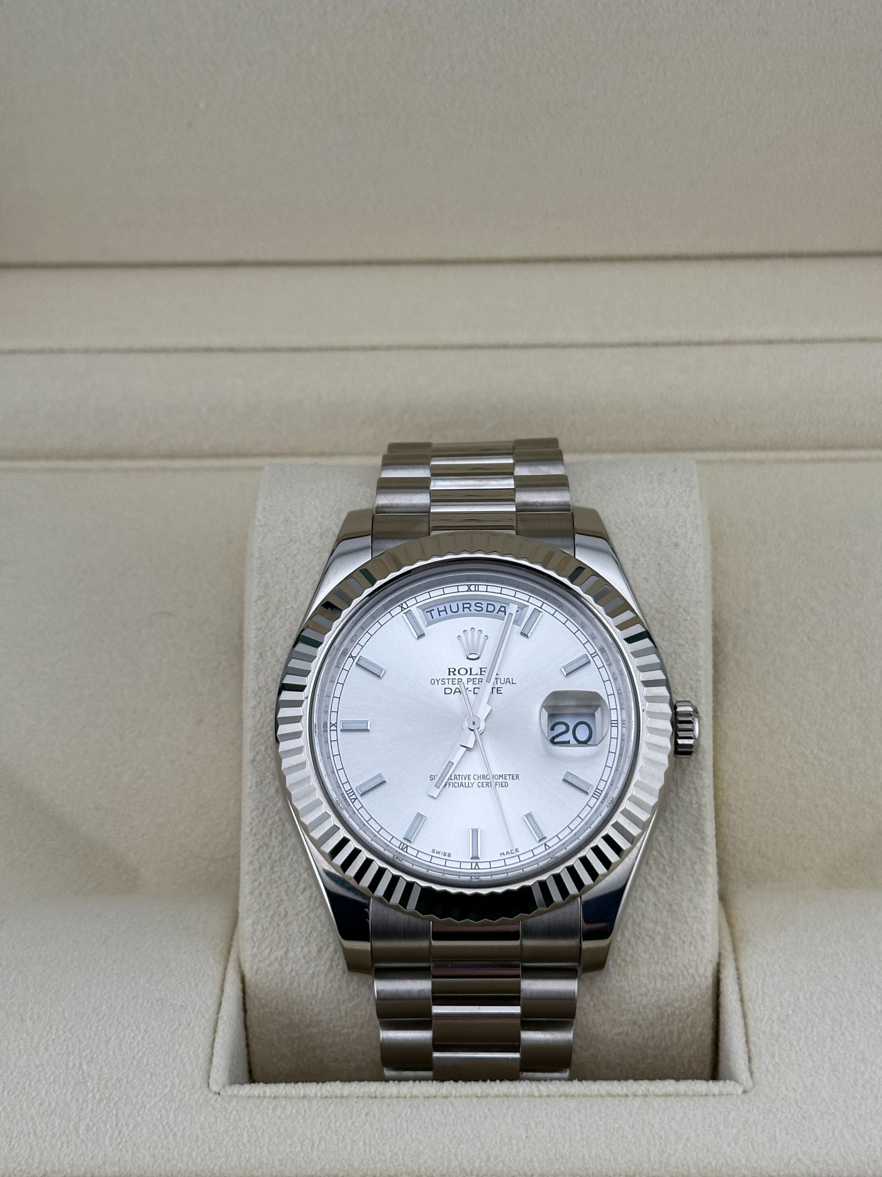 Rolex Day-Date 36 218239 White Gold Silver Dial (2022) - FrasersFashion
