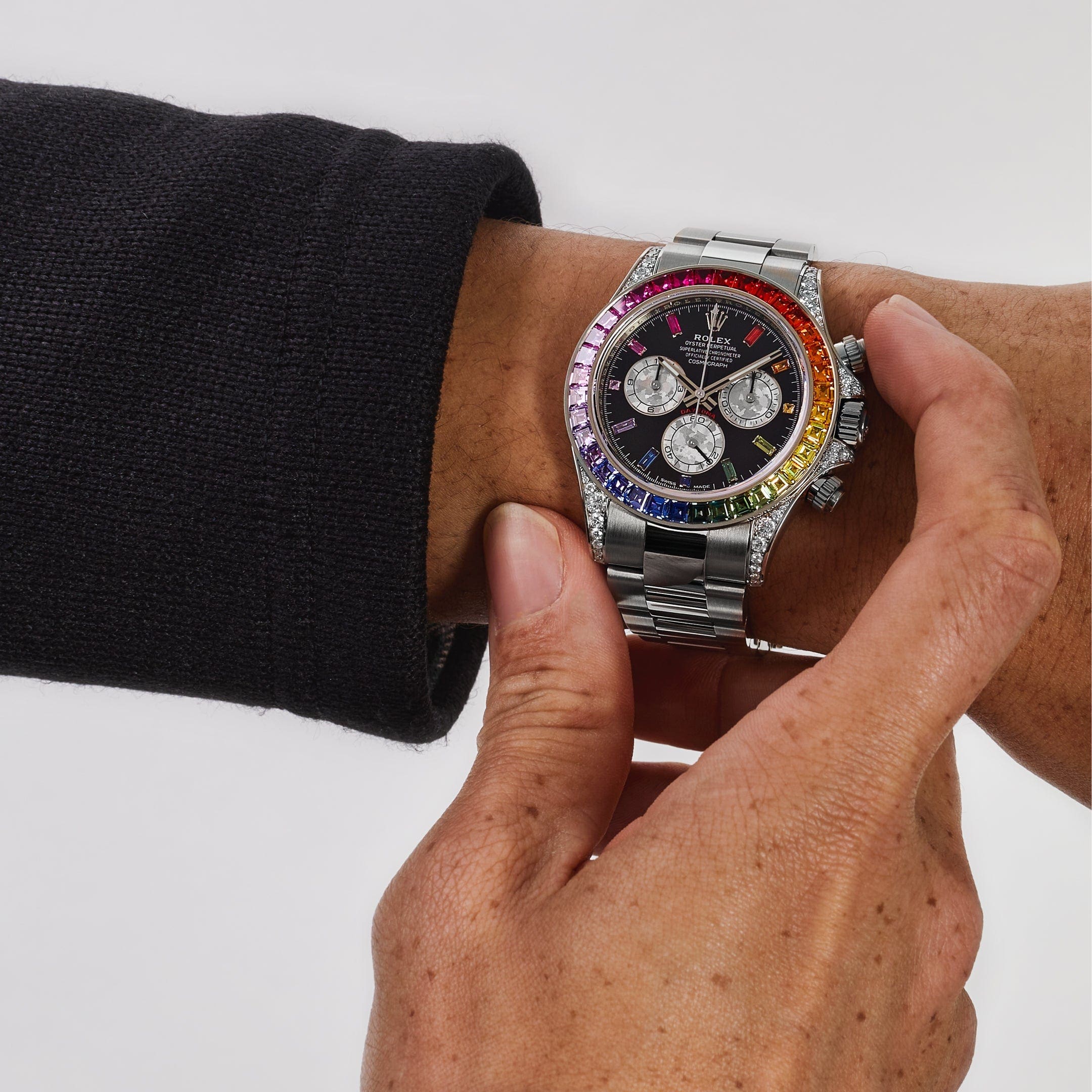Rolex Daytona 116599RBOW ??Rainbow?? White Gold Black Dial Sapphire Bezel - FrasersFashion