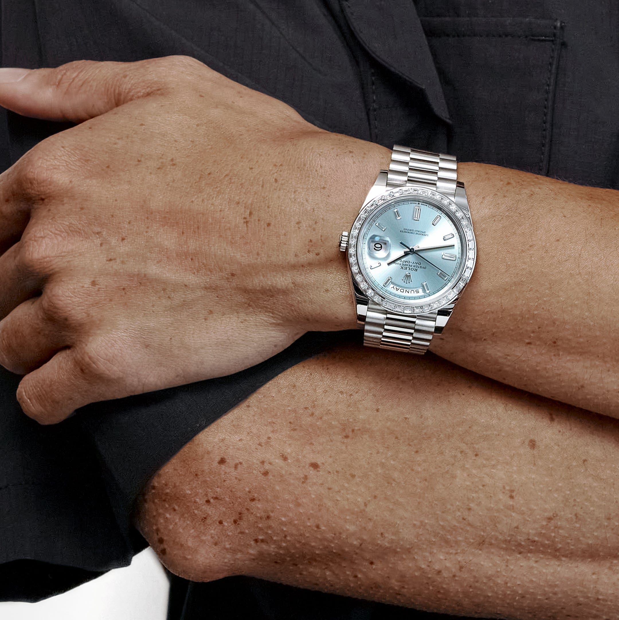 Rolex Day-Date 40 228396TBR Platinum Diamond Bezel Ice Blue Diamond Dial (2023) - FrasersFashion