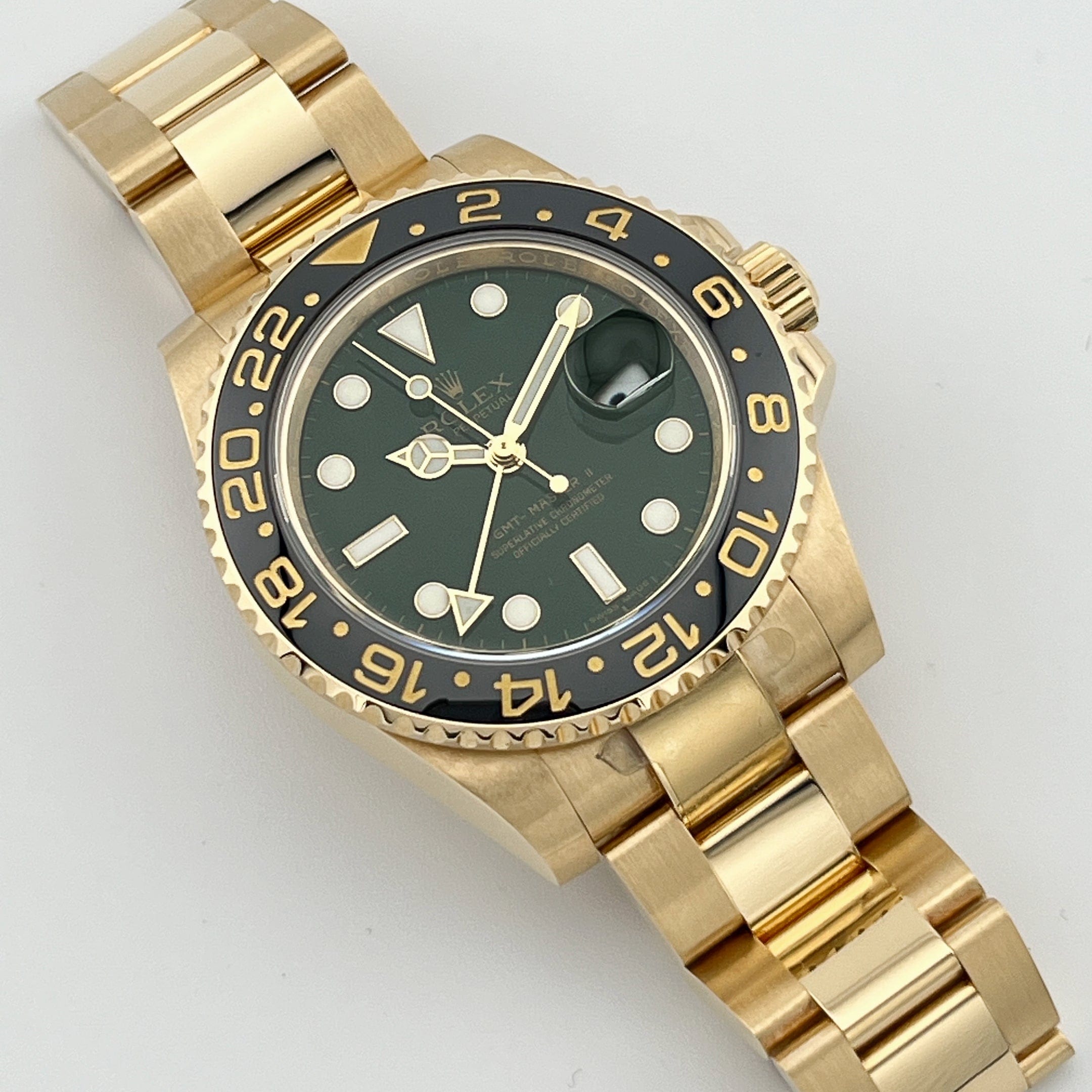 Rolex GMT-Master II 116718LN Yellow Gold Green Dial Black Bezel (2006) - FrasersFashion