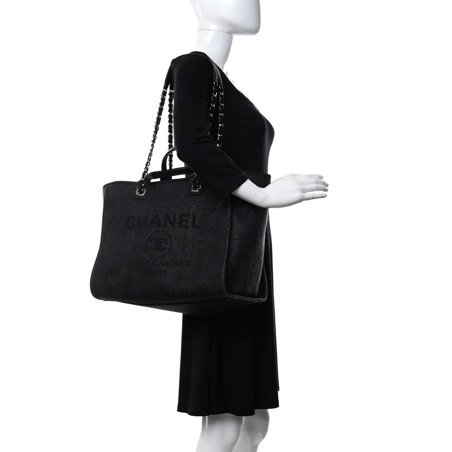 Mixed Fibers Calfskin Striped Medium Deauville Tote Black - FrasersFashion