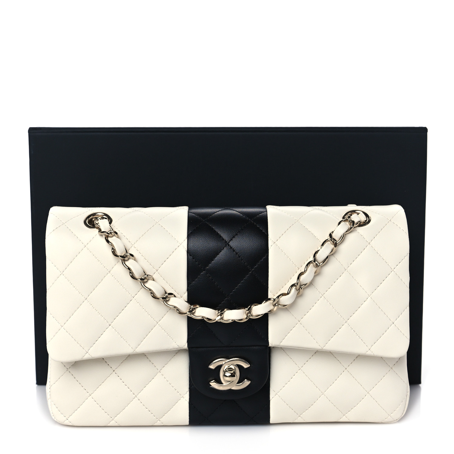 Lambskin Quilted Medium Double Flap Black White - FrasersFashion