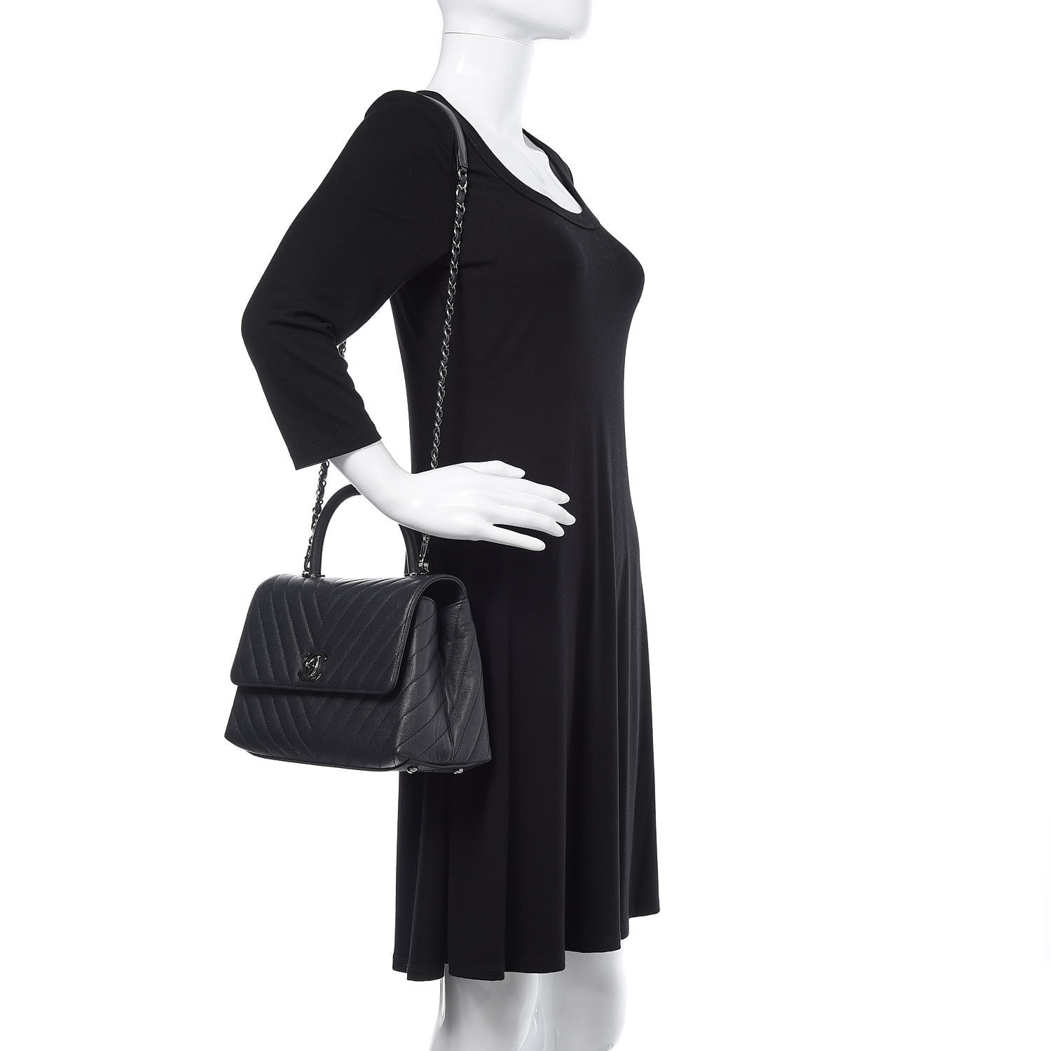 Caviar Chevron Quilted Small Coco Handle Flap Dark Grey - FrasersFashion