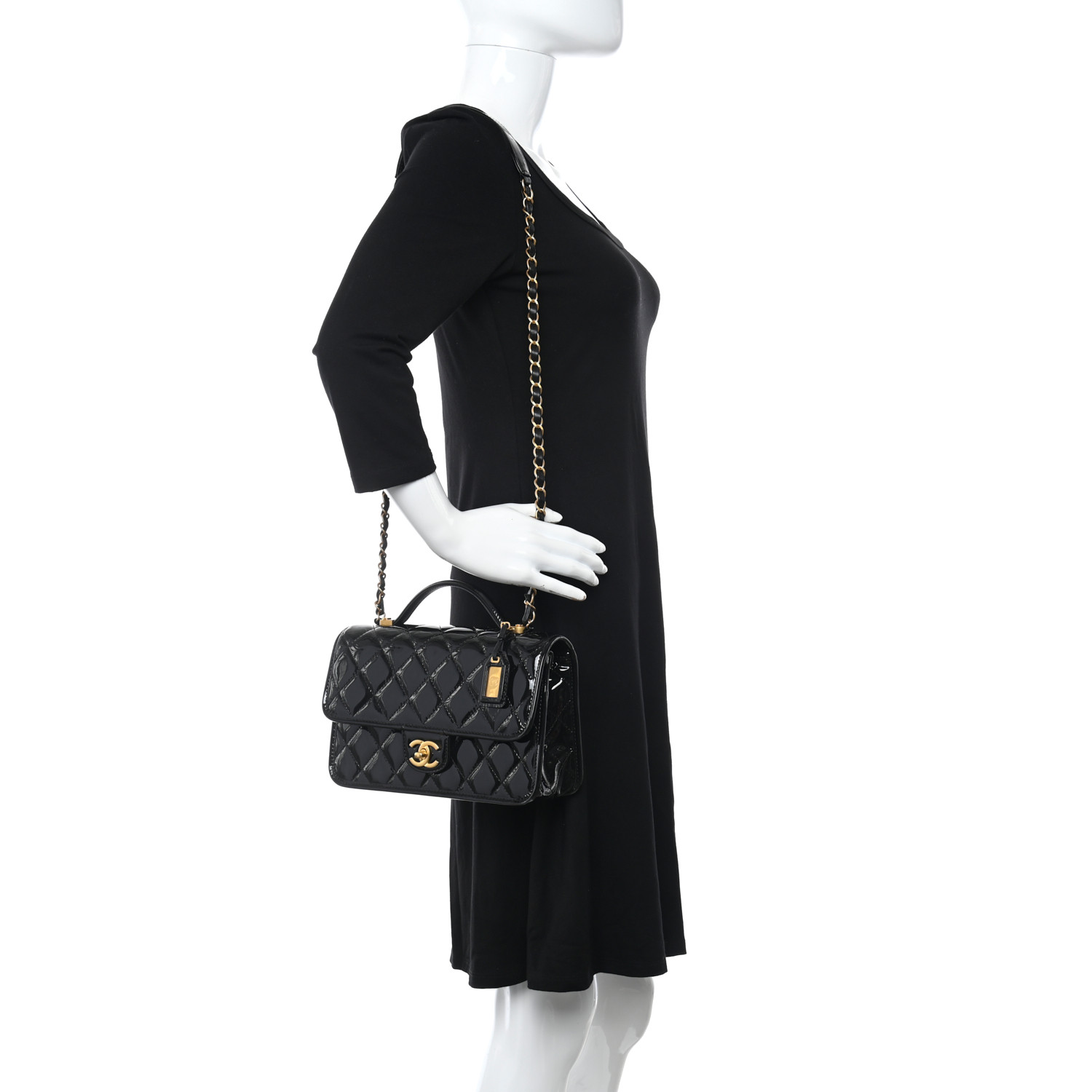 Patent Quilted Small Top Handle Flap Black - FrasersFashion