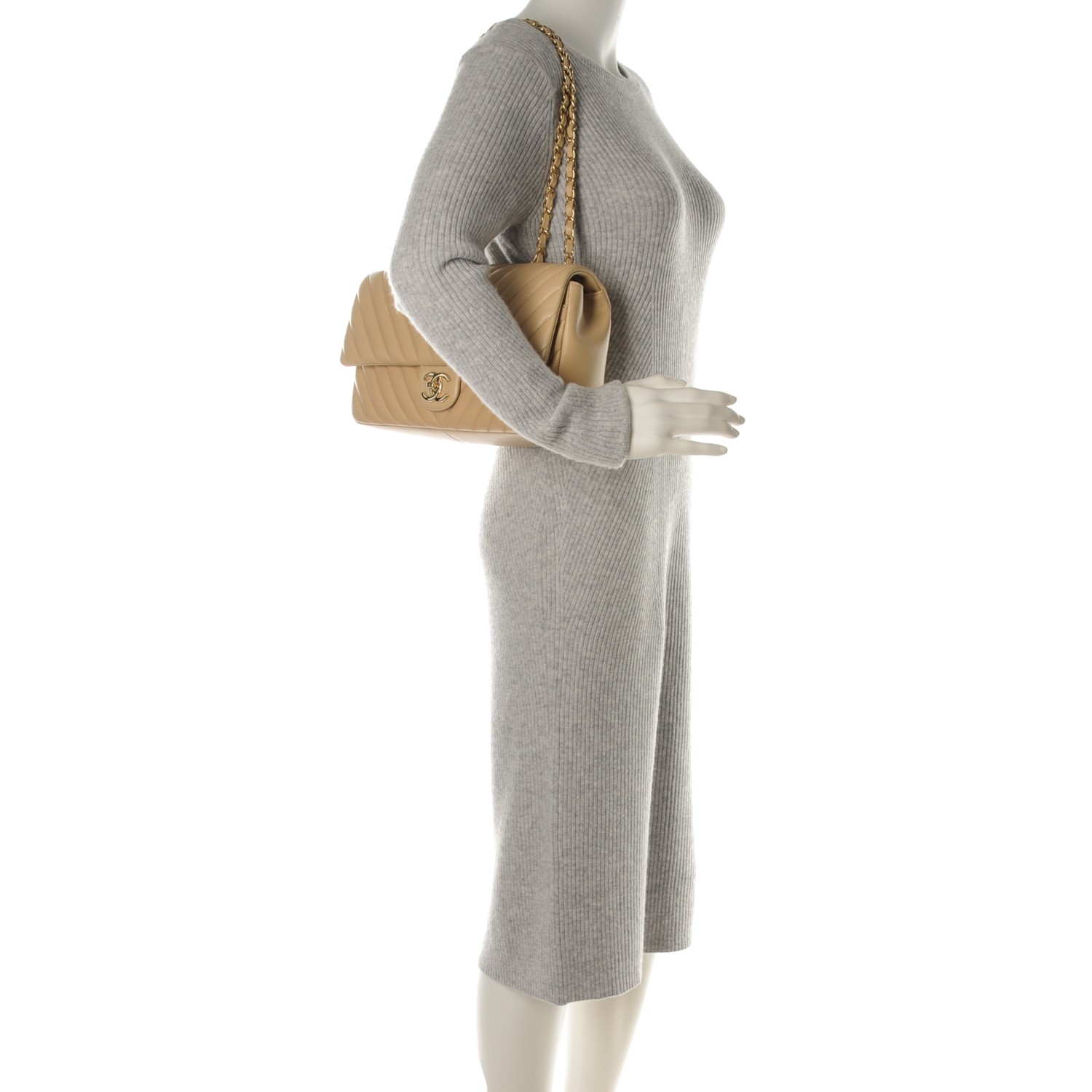 Lambskin Medium Surpique Chevron Single Flap Light Beige - FrasersFashion