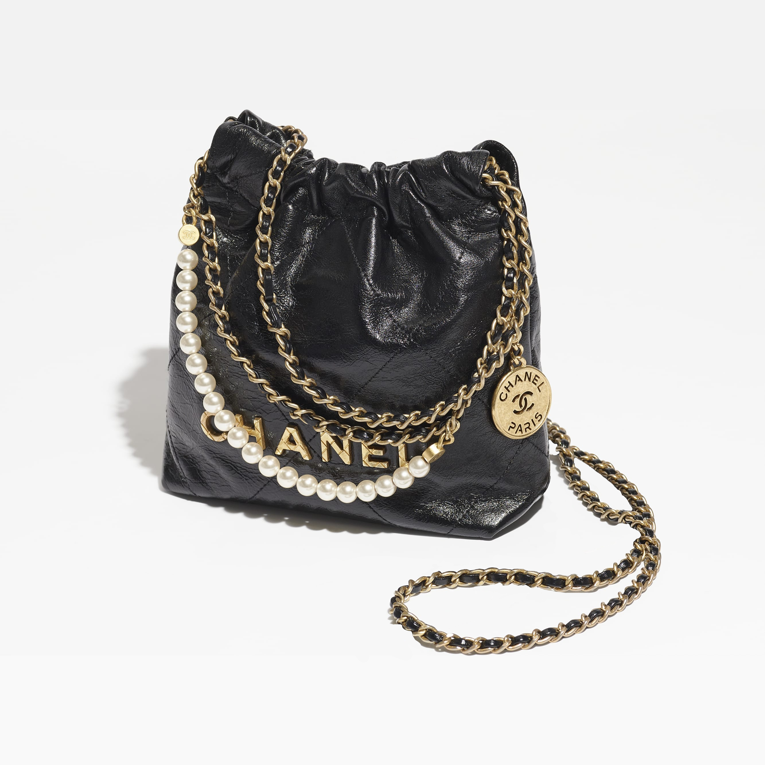 Shiny Crumpled Calfskin & Gold-Tone Metal Black - FrasersFashion