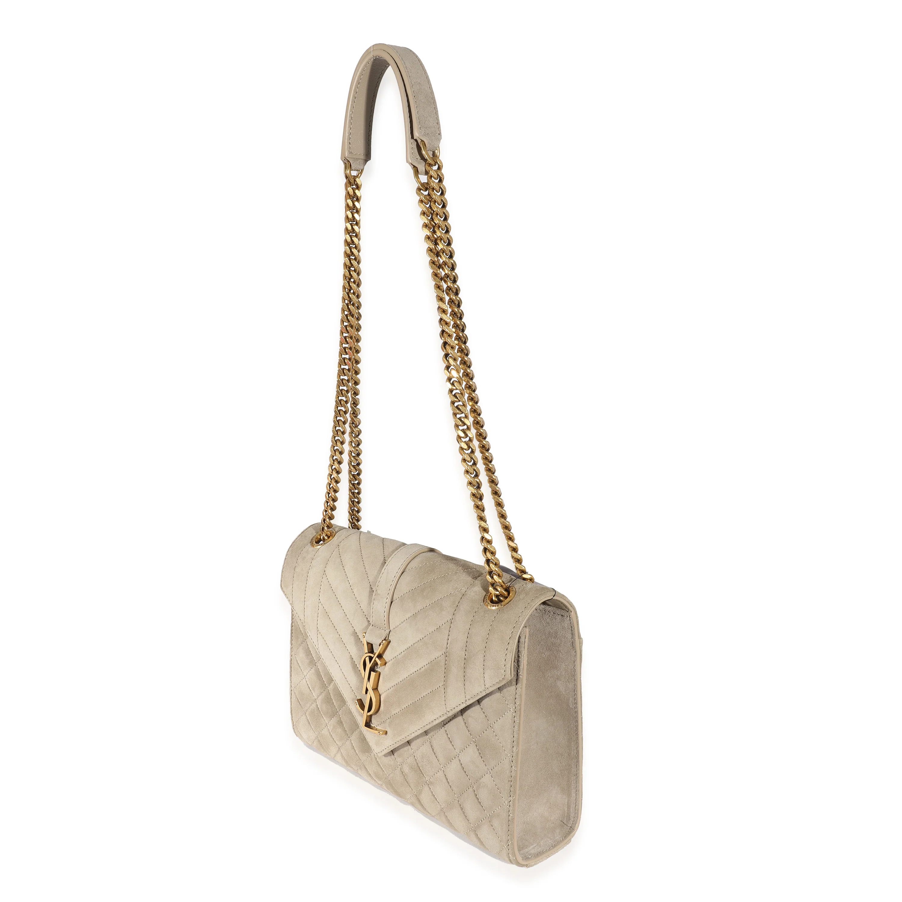 Saint Laurent Beige Suede Mixed Matelasse Triquilt Medium Monogram Envelope Satc - FrasersFashion