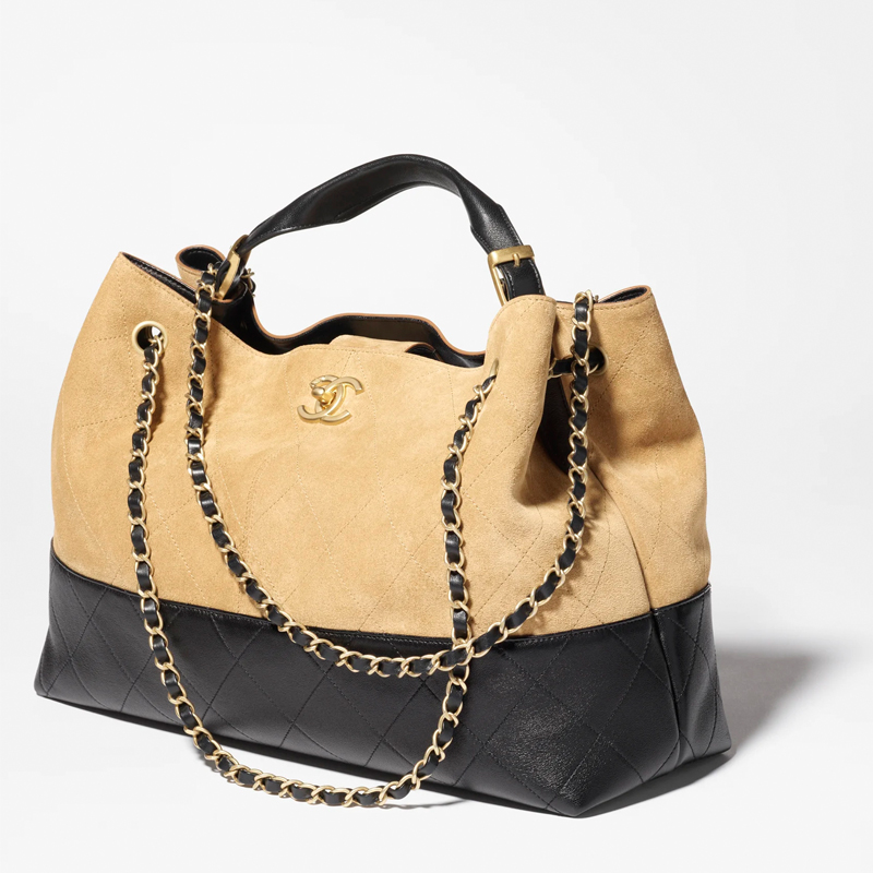 Chanel 25A Shopping Bag Suede Calfskin, Shiny Lambskin & Gold-Tone Metal Beige & Black - FrasersFashion