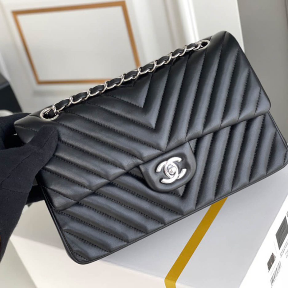 Chanel Classic Chevron Tweed Medium Flap Silver - FrasersFashion