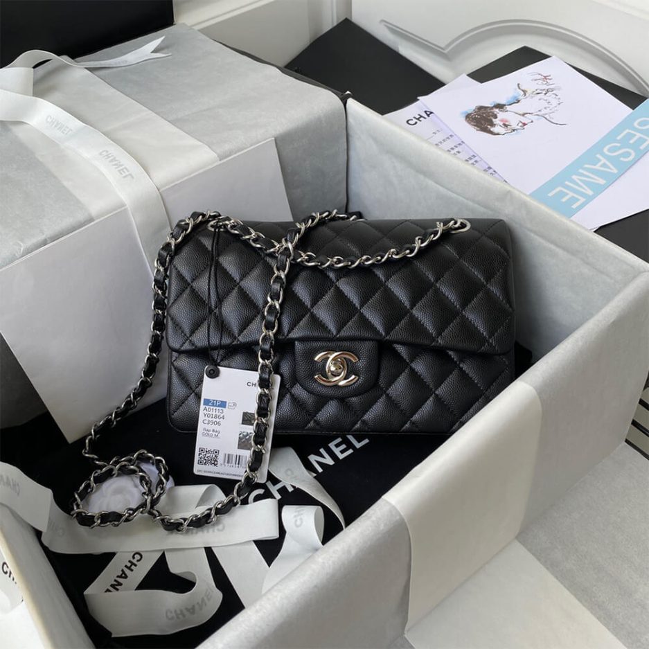 CHANEL SMALL CLASSIC HANDBAG Grained Calfskin & Silver Metal - FrasersFashion