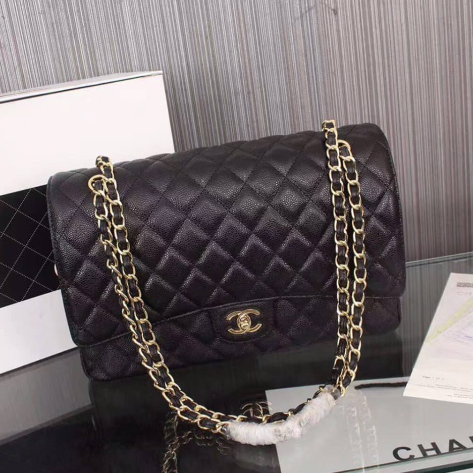 CHANEL Classic Maxi Handbag GRAINED CALFSKIN & GOLD METAL - FrasersFashion