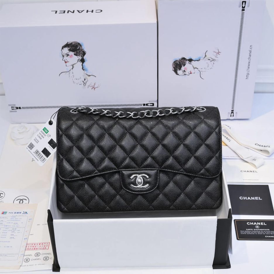 CHANEL LARGE CLASSIC HANDBAG Grained Calfskin & Silver Metal - FrasersFashion