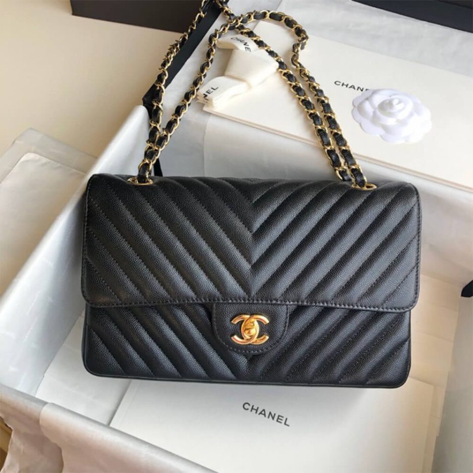 Chanel Classic Chevron Tweed Medium Flap Glod - FrasersFashion