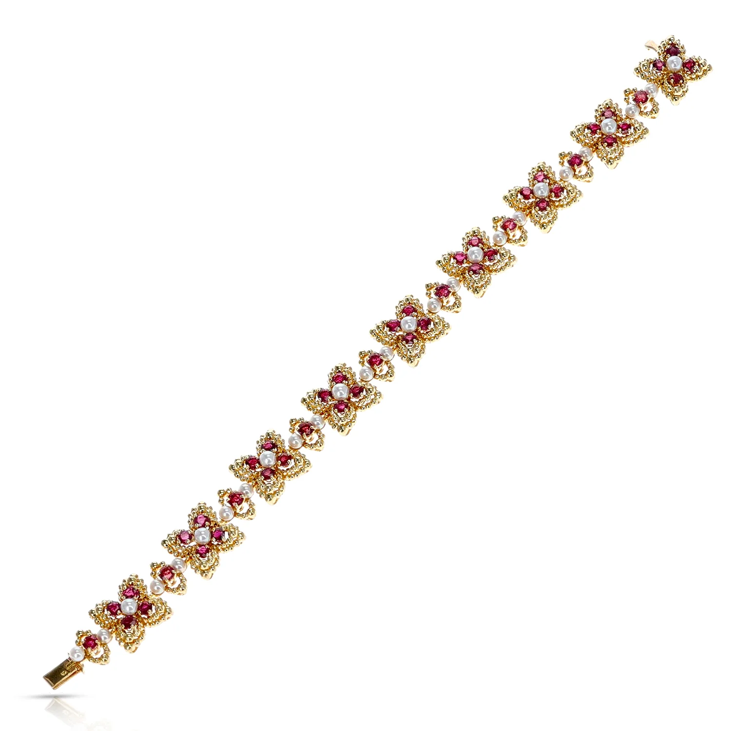 French Alexandre Reza 7.41 ct. Ruby and Pearl Bracelet with French Marks, 18K