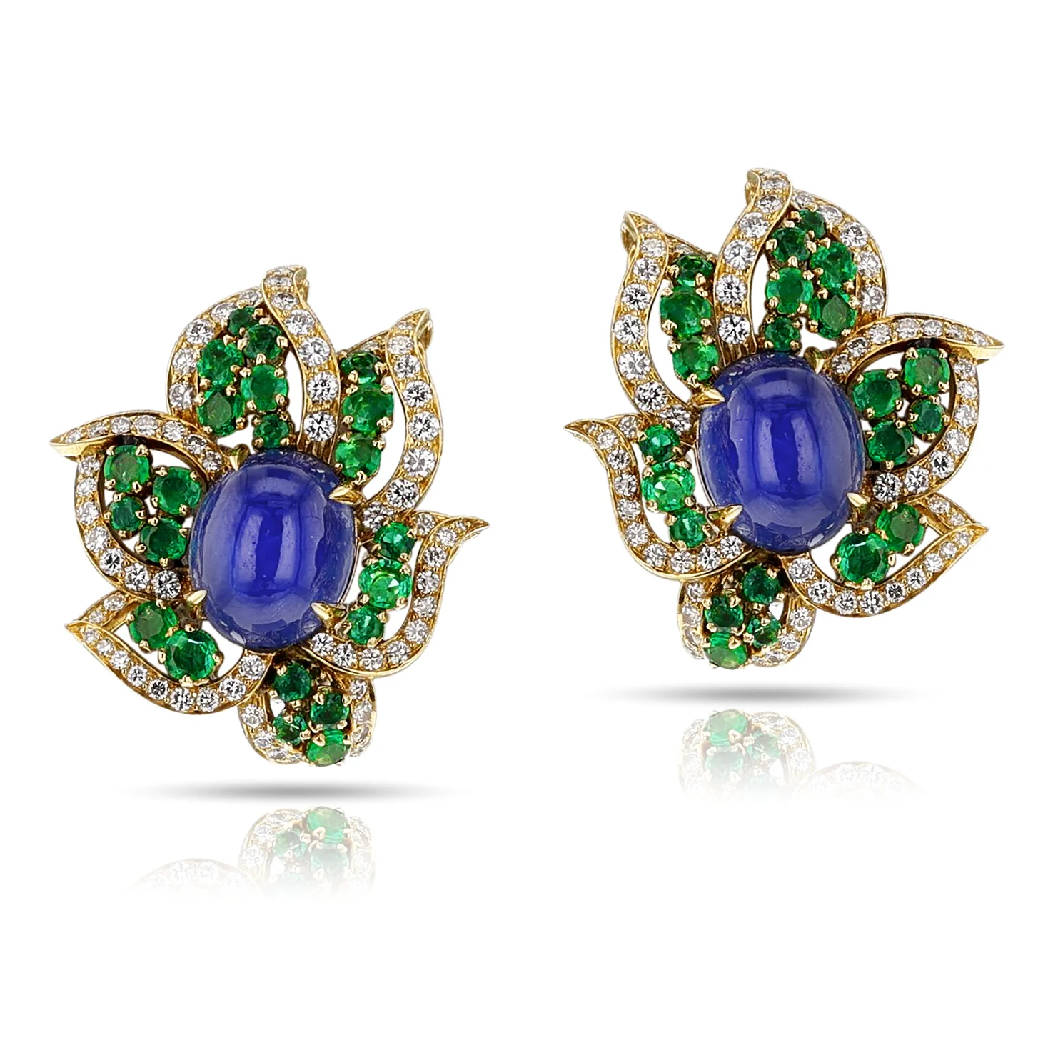 1970s BVLGARI GIA Certified Unheated Sapphire Cabochon, Emerald and Diamond Earrings, 18k