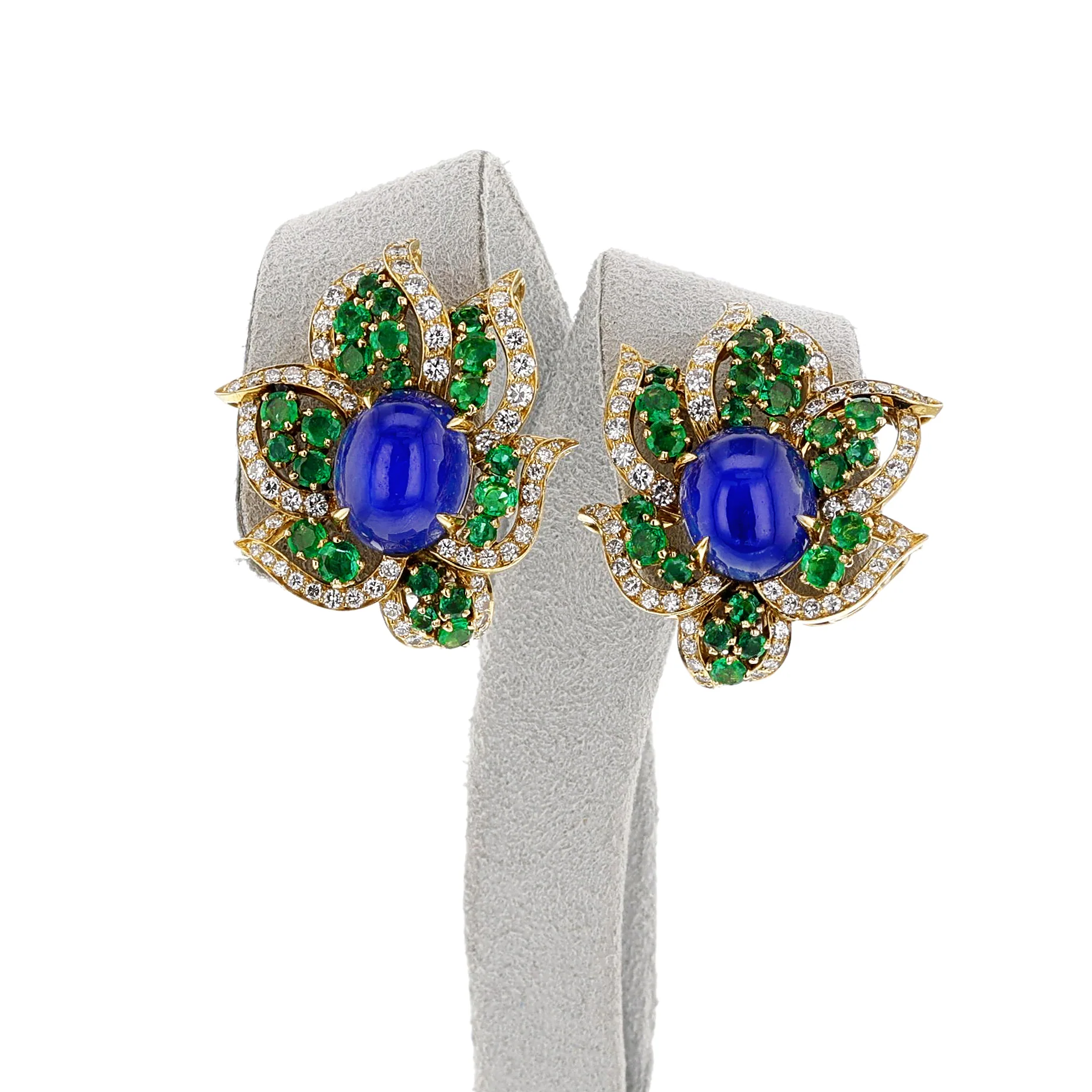 1970s BVLGARI GIA Certified Unheated Sapphire Cabochon, Emerald and Diamond Earrings, 18k