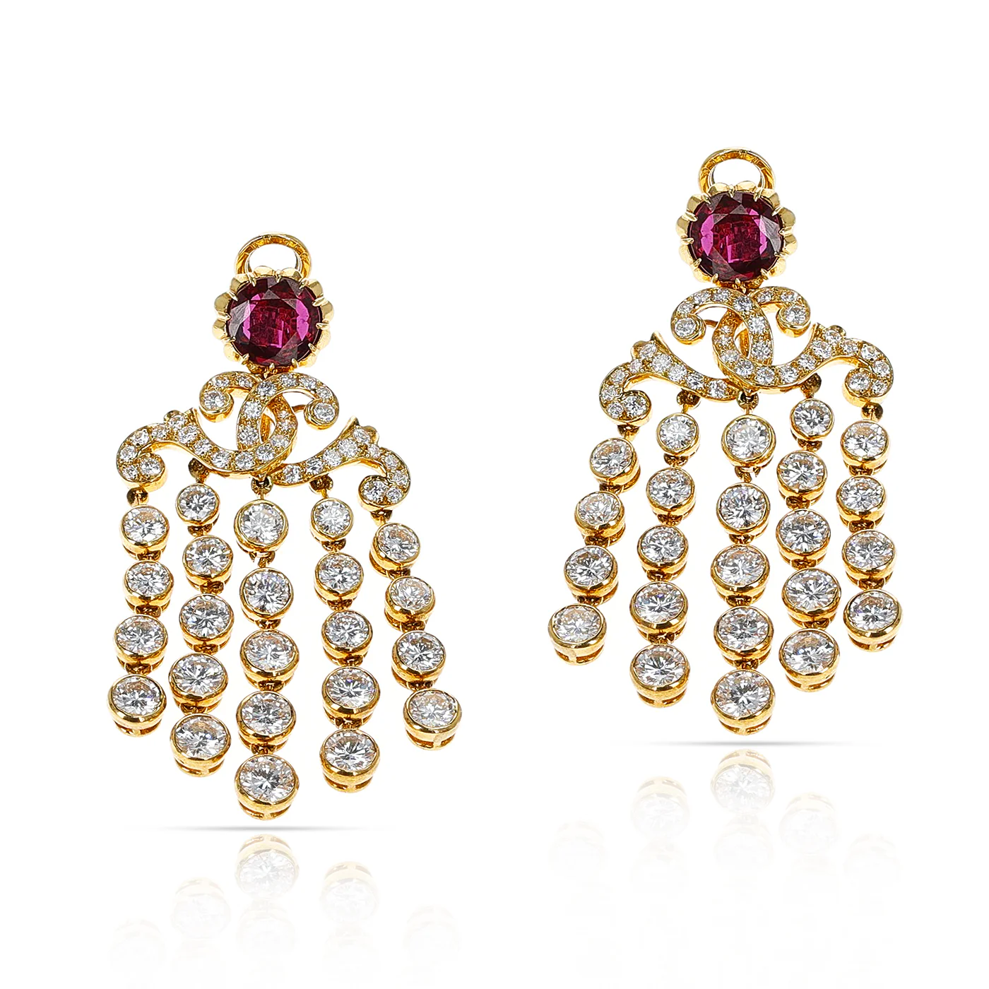 French Alexandre Reza Ruby and Diamond Cocktail Dangling Earrings, 18K Gold