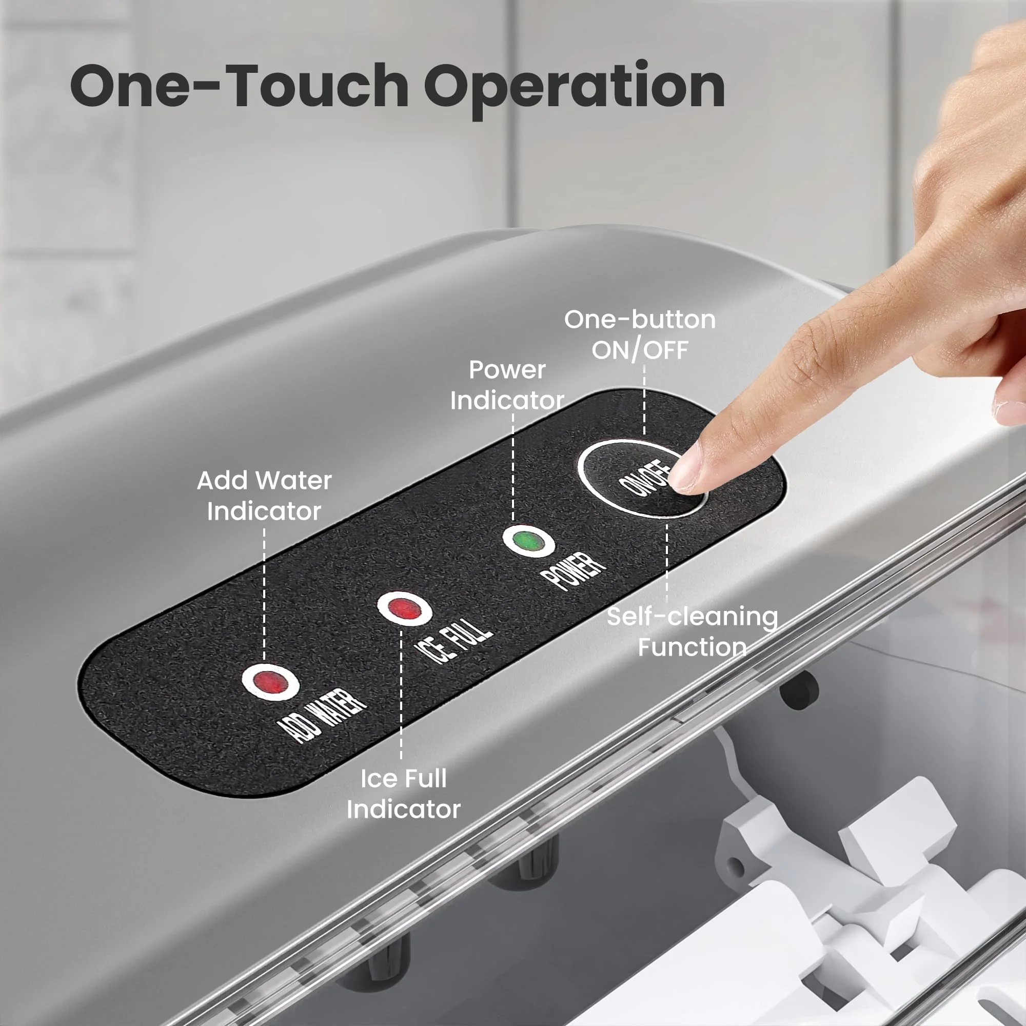 Crzoe Countertop Ice Maker Machine with Handle, 9 Bullet-Shaped Ice Cubes Ready in 6 Mins, 26Lbs/24H, Self-Cleaning Function with Ice Scoop and Basket for Home/Kitchen/Party (Grey)