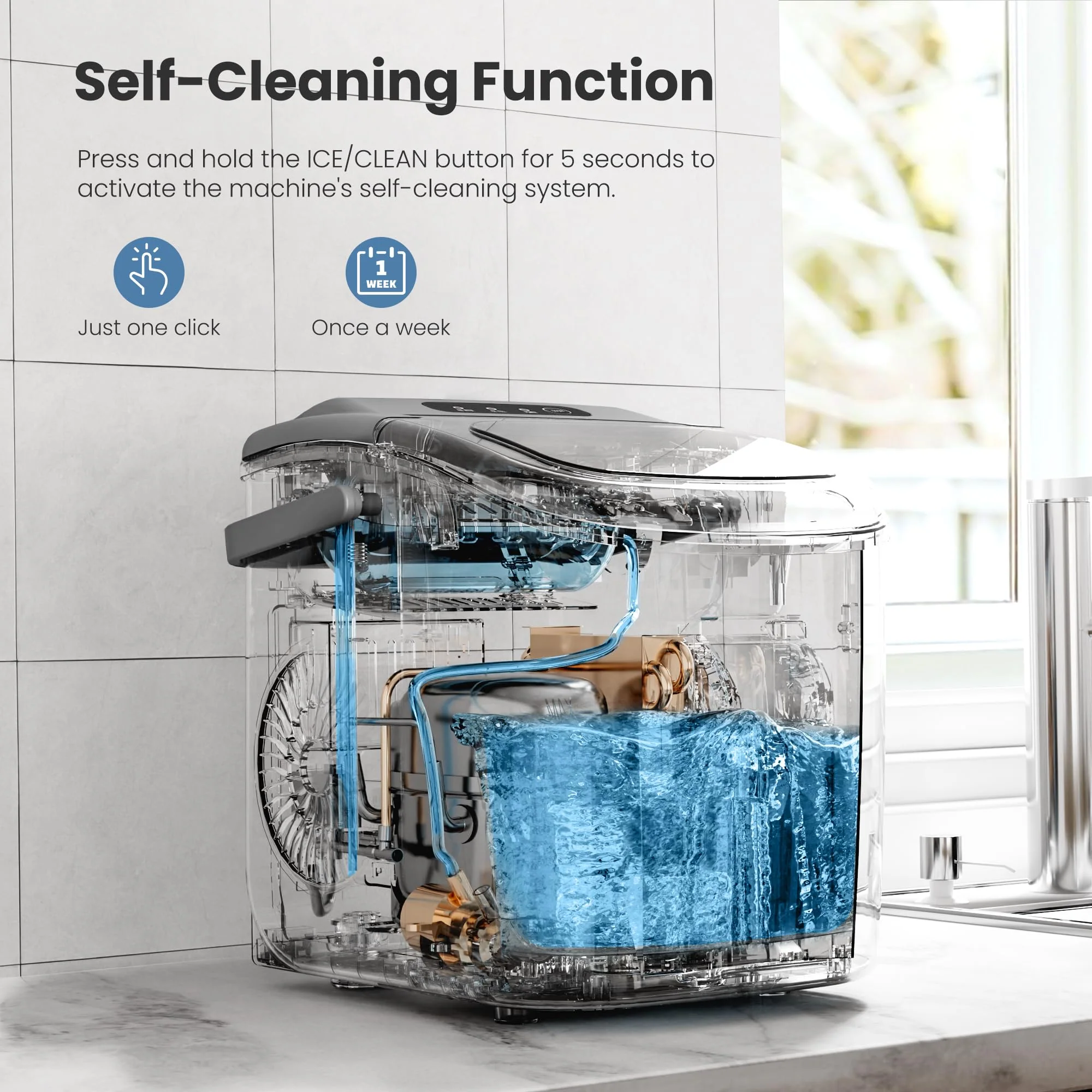 Crzoe Countertop Ice Maker Machine with Handle, 9 Bullet-Shaped Ice Cubes Ready in 6 Mins, 26Lbs/24H, Self-Cleaning Function with Ice Scoop and Basket for Home/Kitchen/Party (Grey)